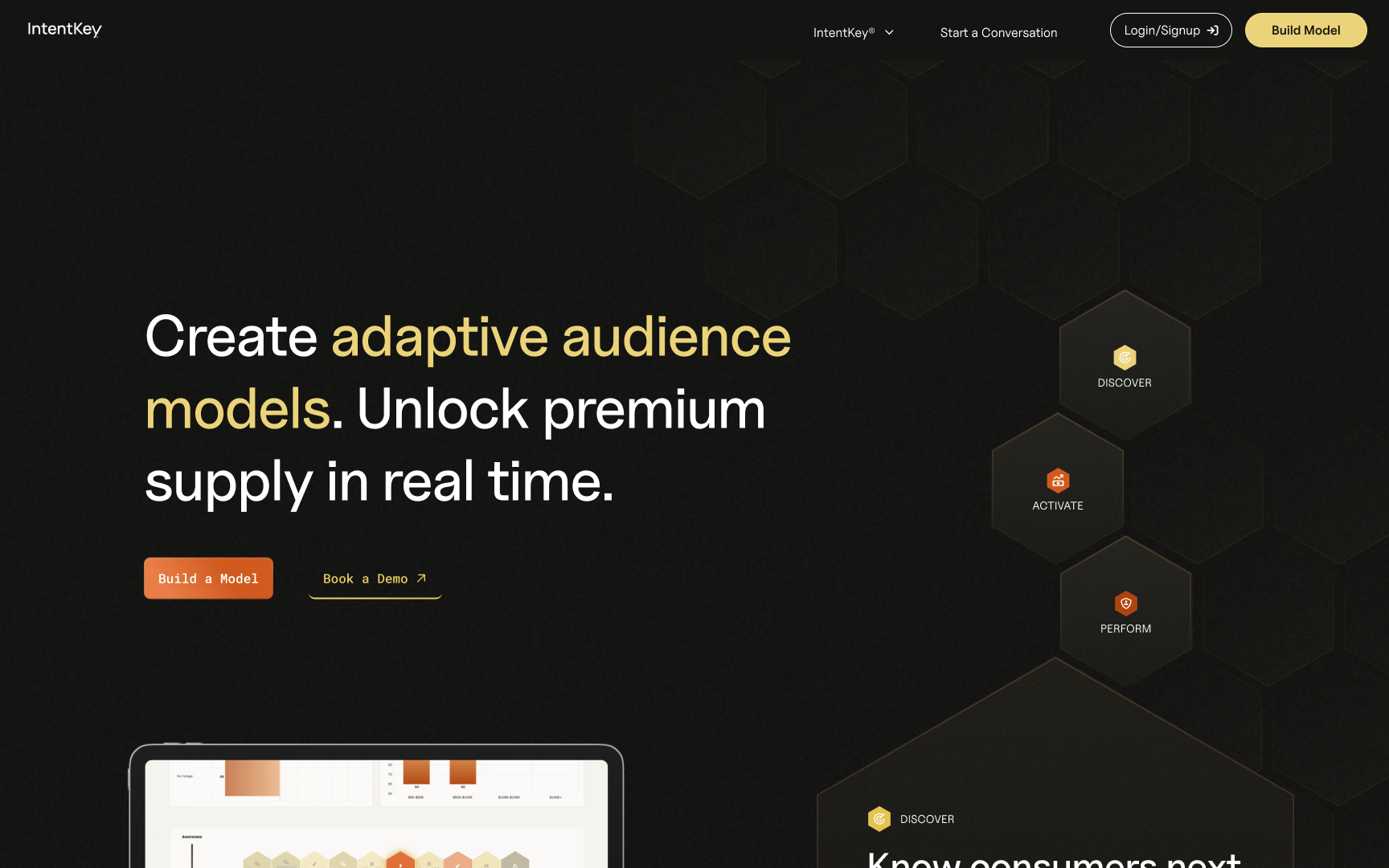 The IntentKey homepage hero after the rebrand, a dark page with hexagon shapes.