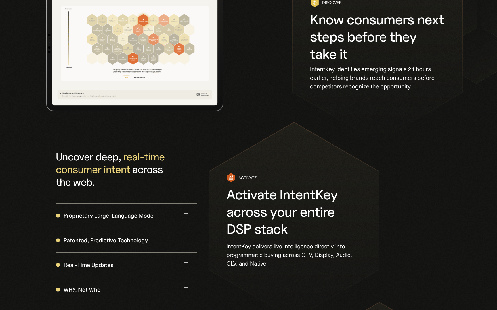 A section of the rebrand homepage with the Discover story and a tablet showing a hexagon concept grid.