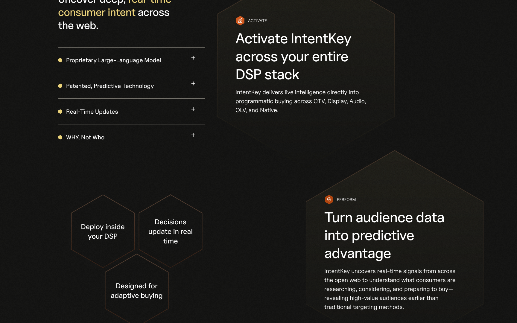 A section of the rebrand homepage telling the Activate and Perform story, with expandable points on the left and hexagon shapes on the right.