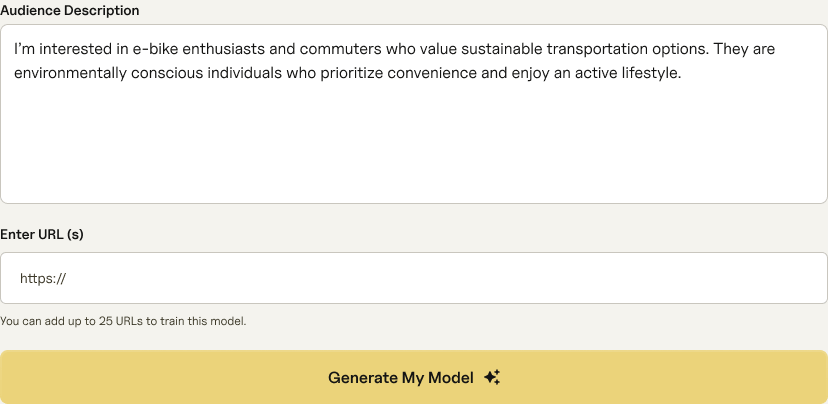 The audience description filled with a starting description about e-bike enthusiasts, a URL field below it, and an active Generate My Model button.