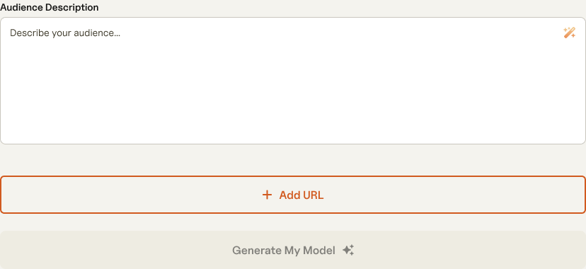 The empty audience description field with a wand icon at the top right, an Add URL button, and a grey Generate My Model button.