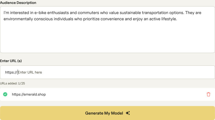 The same form with one URL added and confirmed, showing 1 of 25 URLs used.