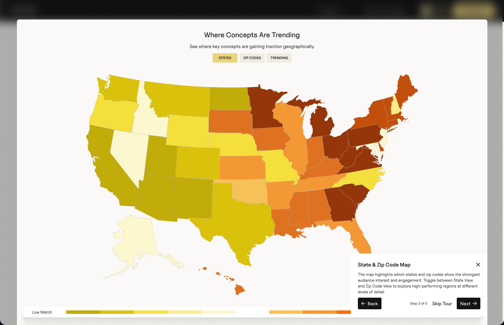 Guided tour step on the map of where concepts are trending by state. Example data.