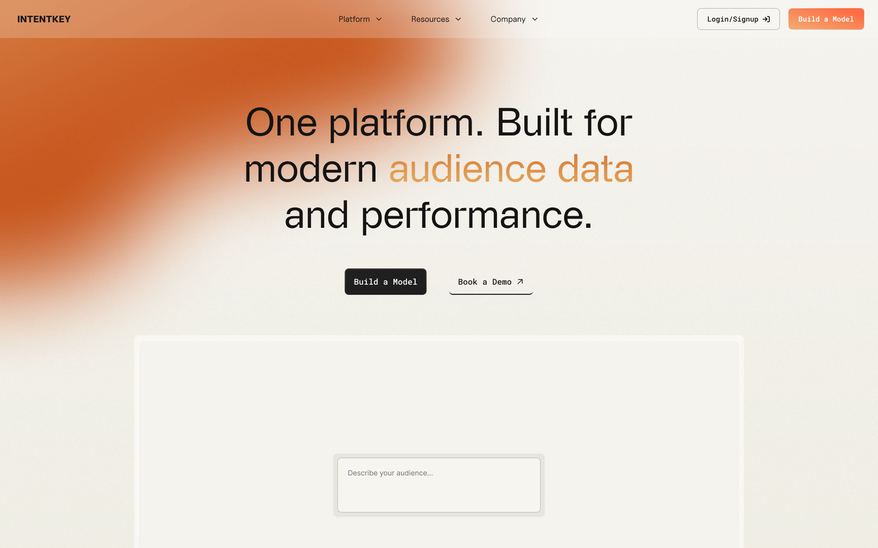 The proposed homepage hero: the headline One platform, built for modern audience data and performance, two buttons, and an empty audience field.