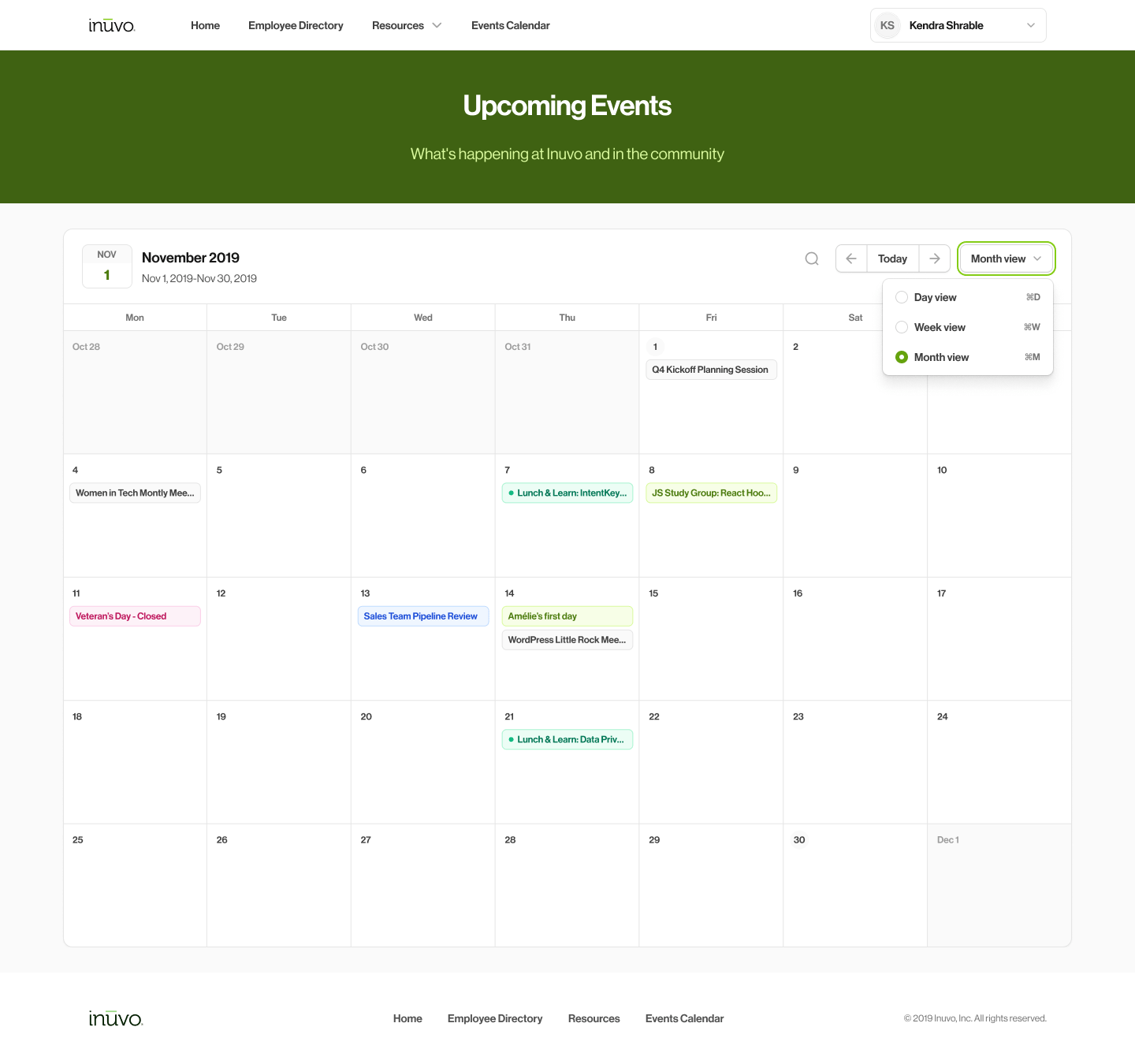Events calendar in month view, with the view switcher open to day, week, and month. Events are color-coded by type. All events are sample data.