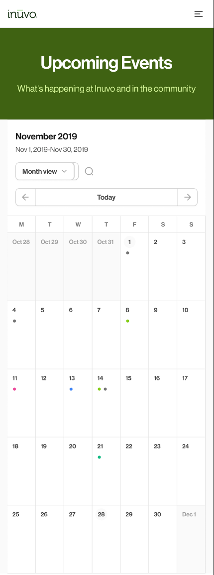 The events calendar on a phone: month view with colored dots marking days that have events. All events are sample data.