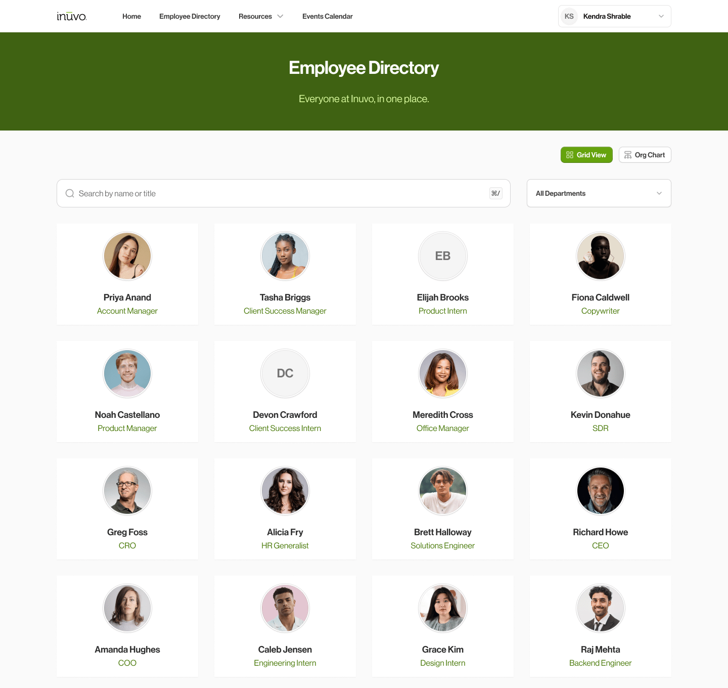 Employee directory screen from the portal, a grid of people cards. Sample data.