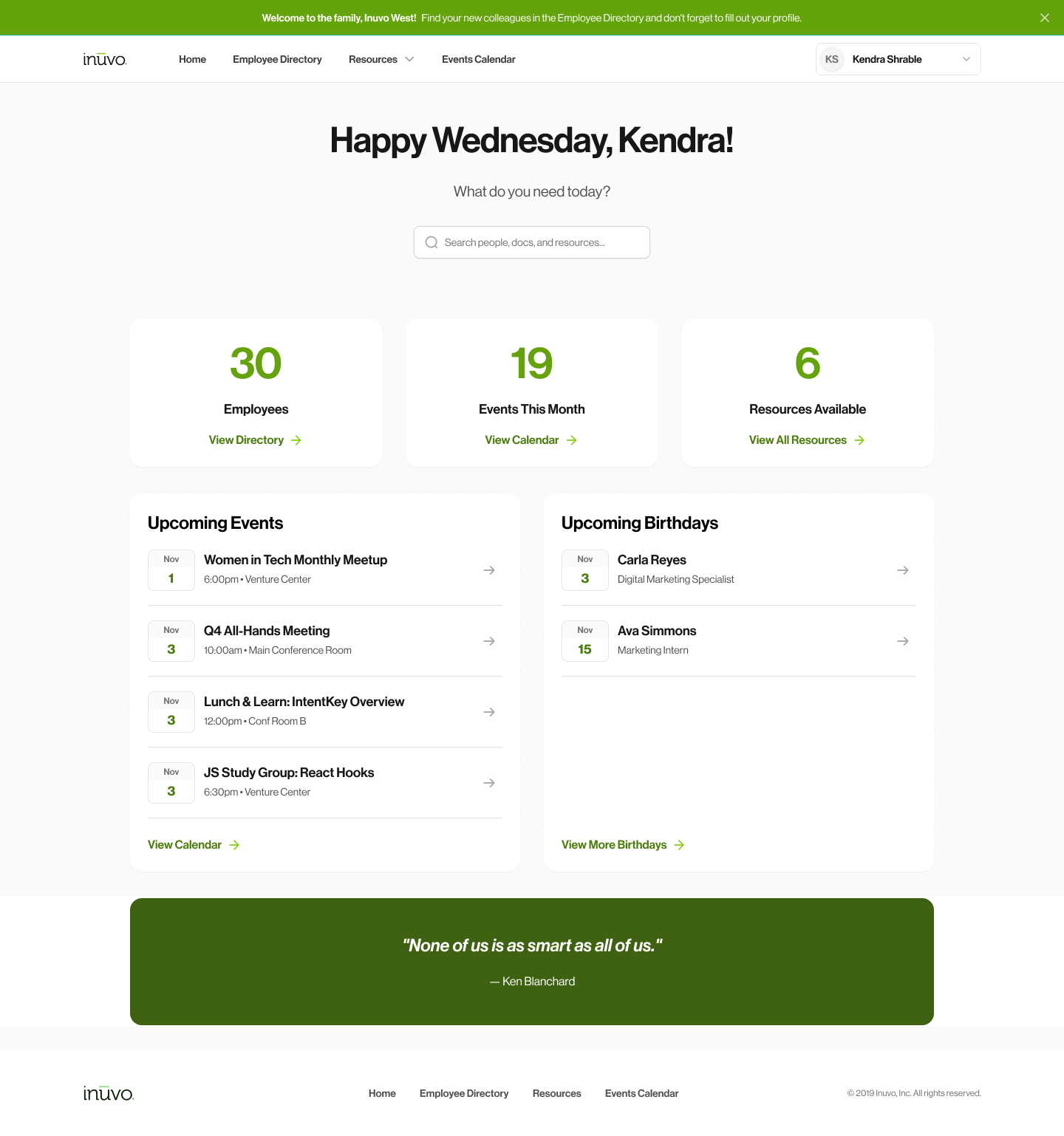 Inuvo Internal Employee Portal: the home page greeting an employee, with quick links and upcoming events.
