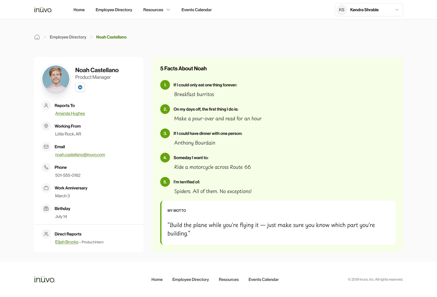 Employee profile screen from the portal, with a 5 Facts section. Sample data.