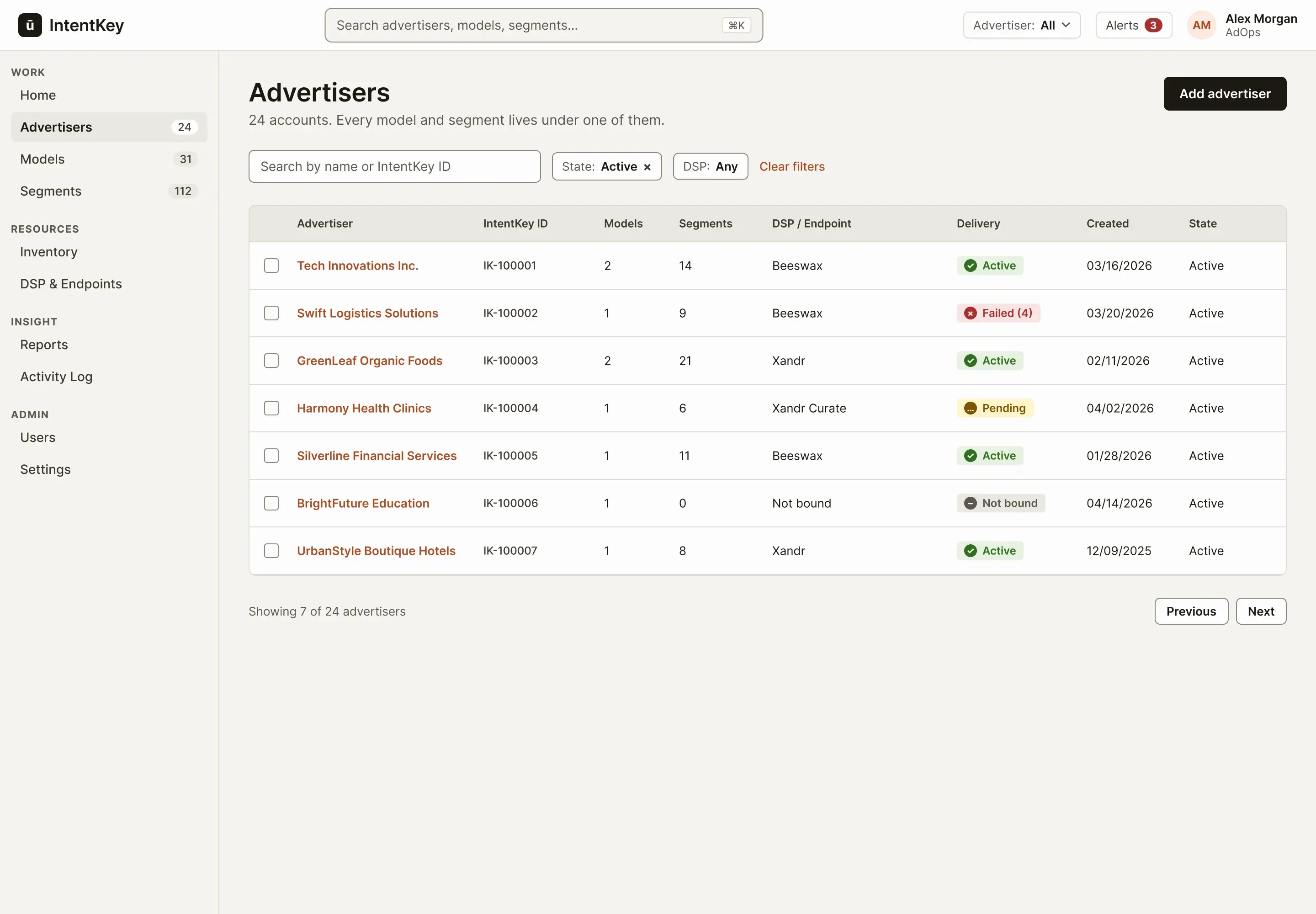 Concept advertisers list: a table of advertisers with IDs, model and segment counts, endpoint, and a delivery status badge, with filter chips above it.