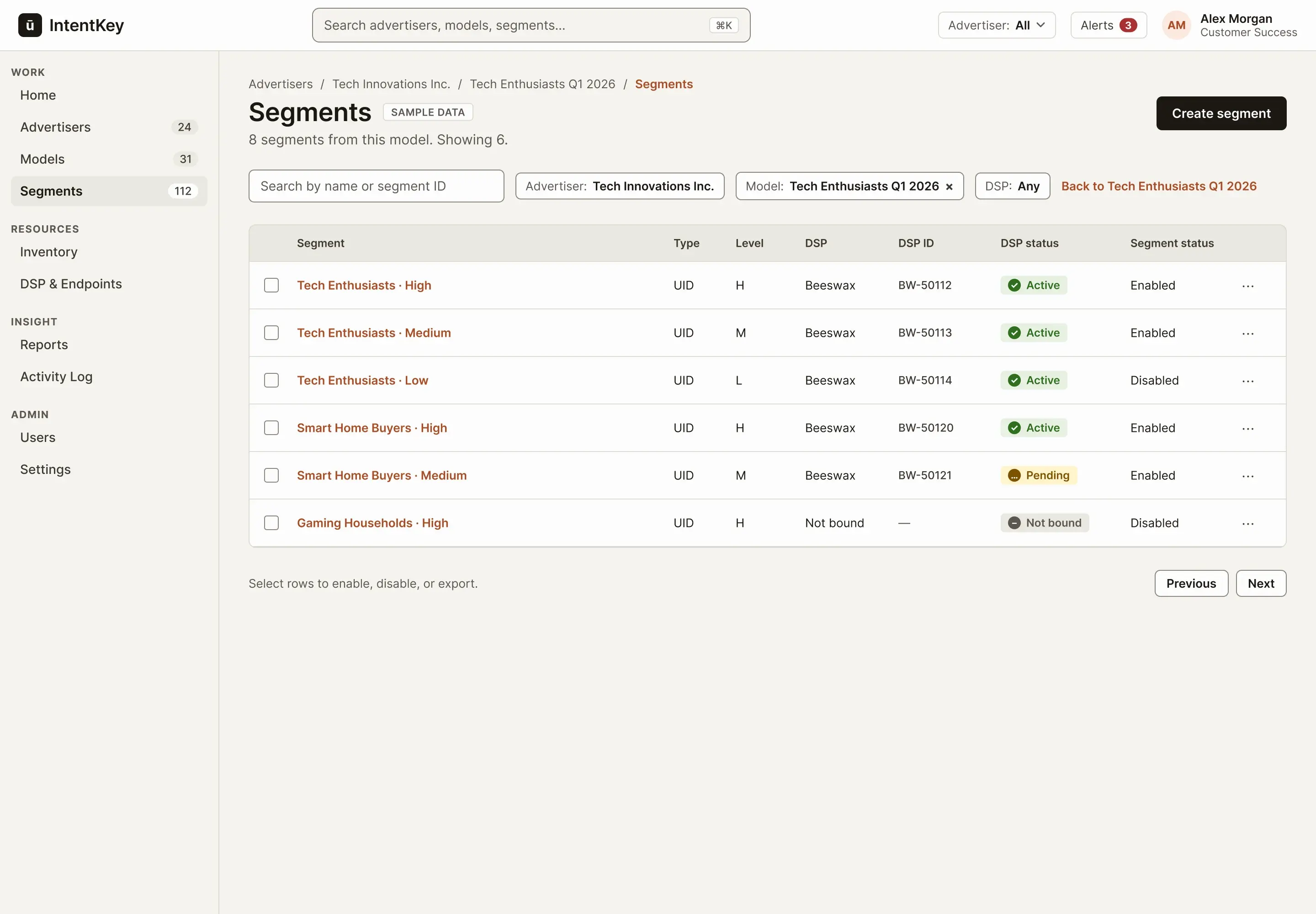 Concept segments list scoped to one model: breadcrumb, filter chips for advertiser and model, and a table with DSP status badges.