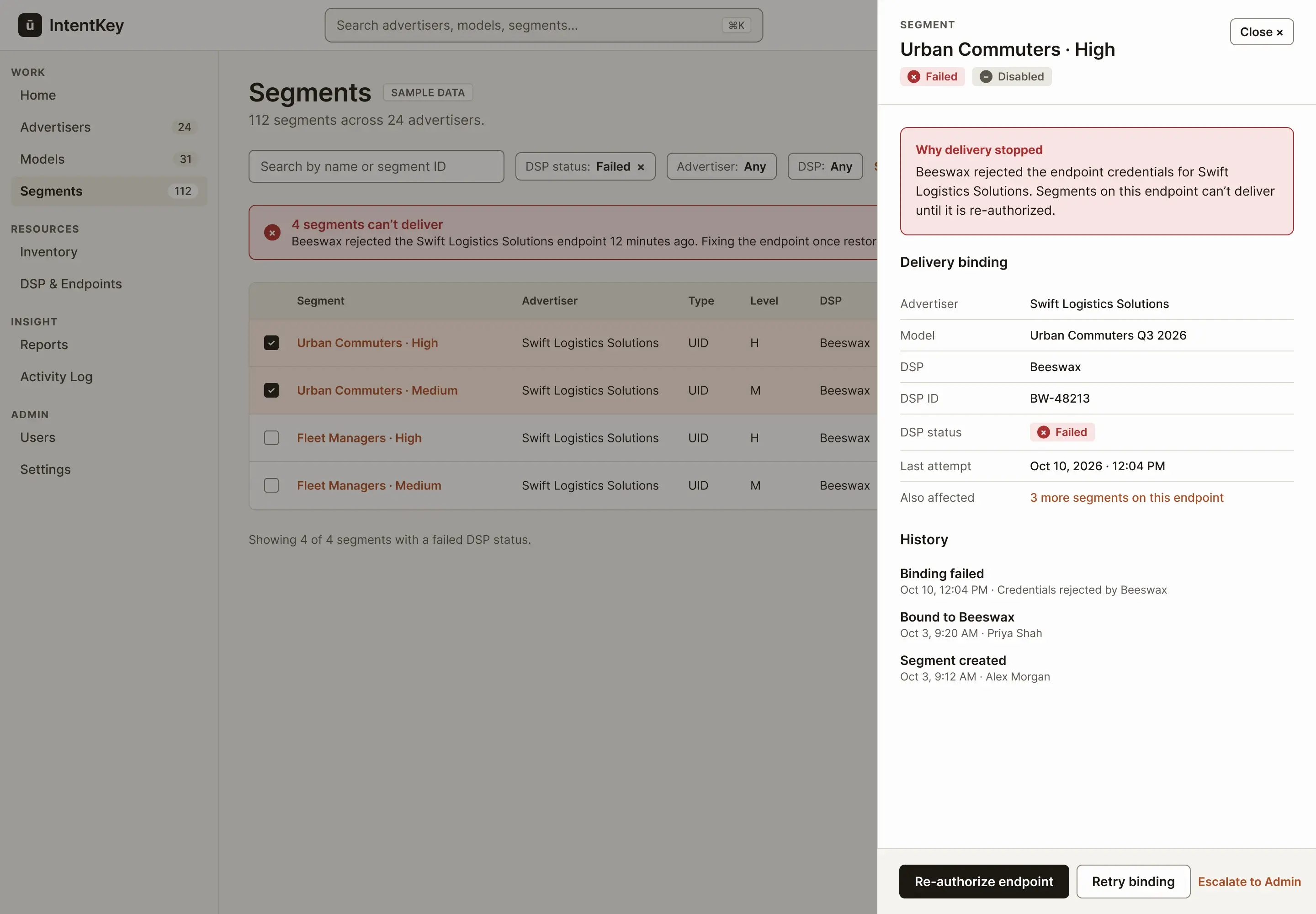Concept binding detail drawer over the segments list: why delivery stopped, delivery binding facts, history, and actions to re-authorize the endpoint or retry.