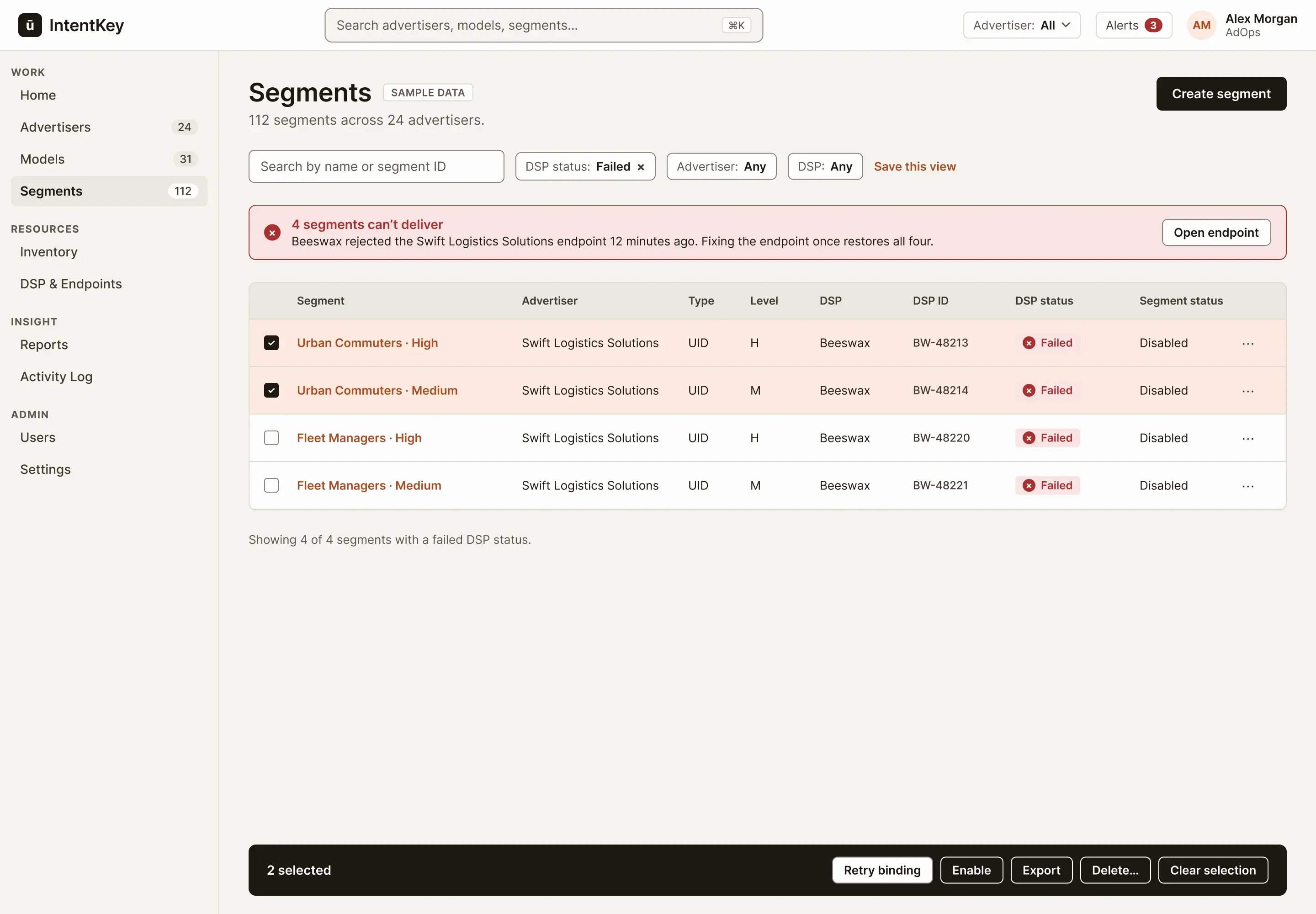 Concept segments list filtered to failed delivery, with a banner and a bulk action bar.