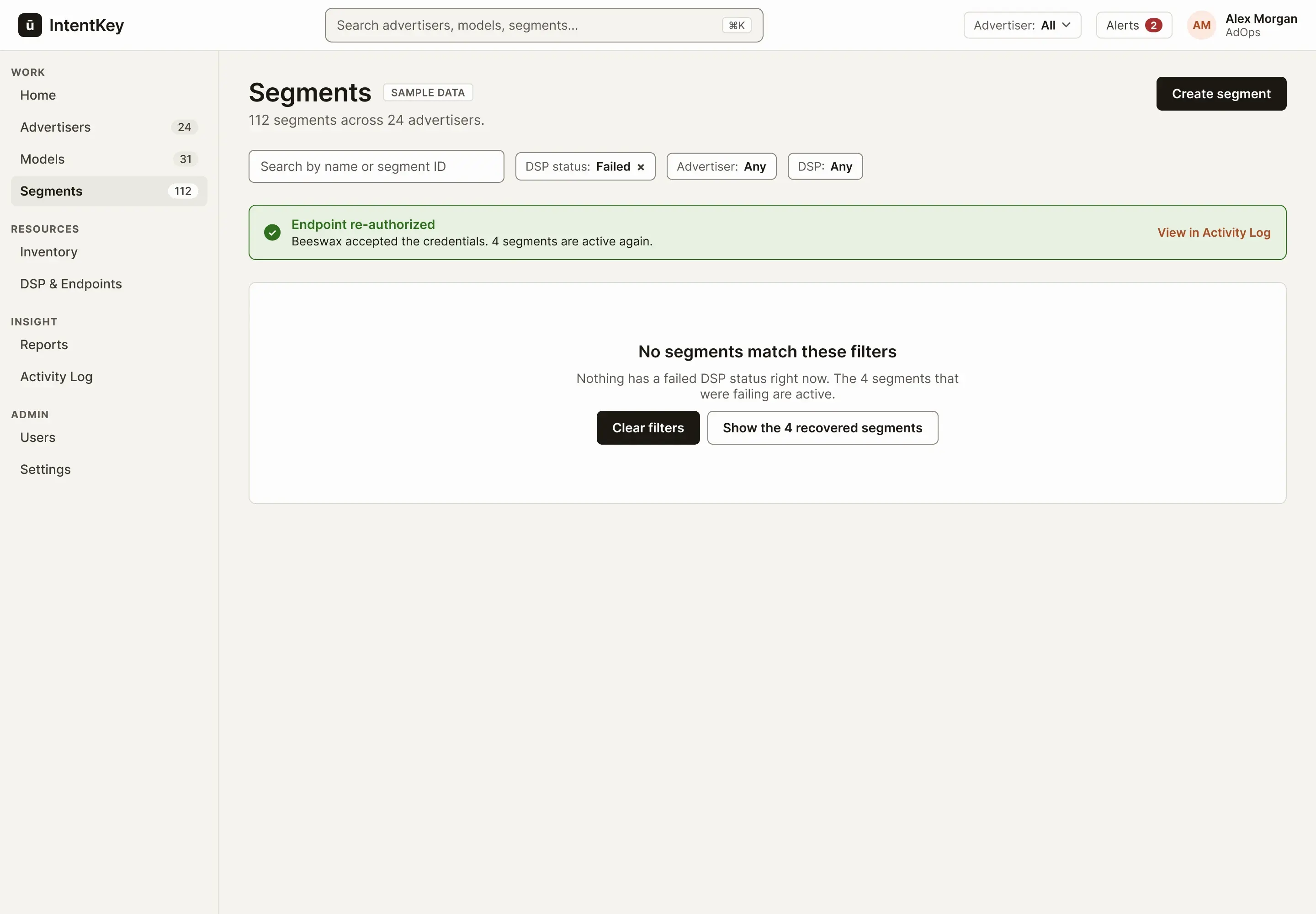 Concept segments list after recovery: a success message, and an empty state saying no segments match the Failed filter.