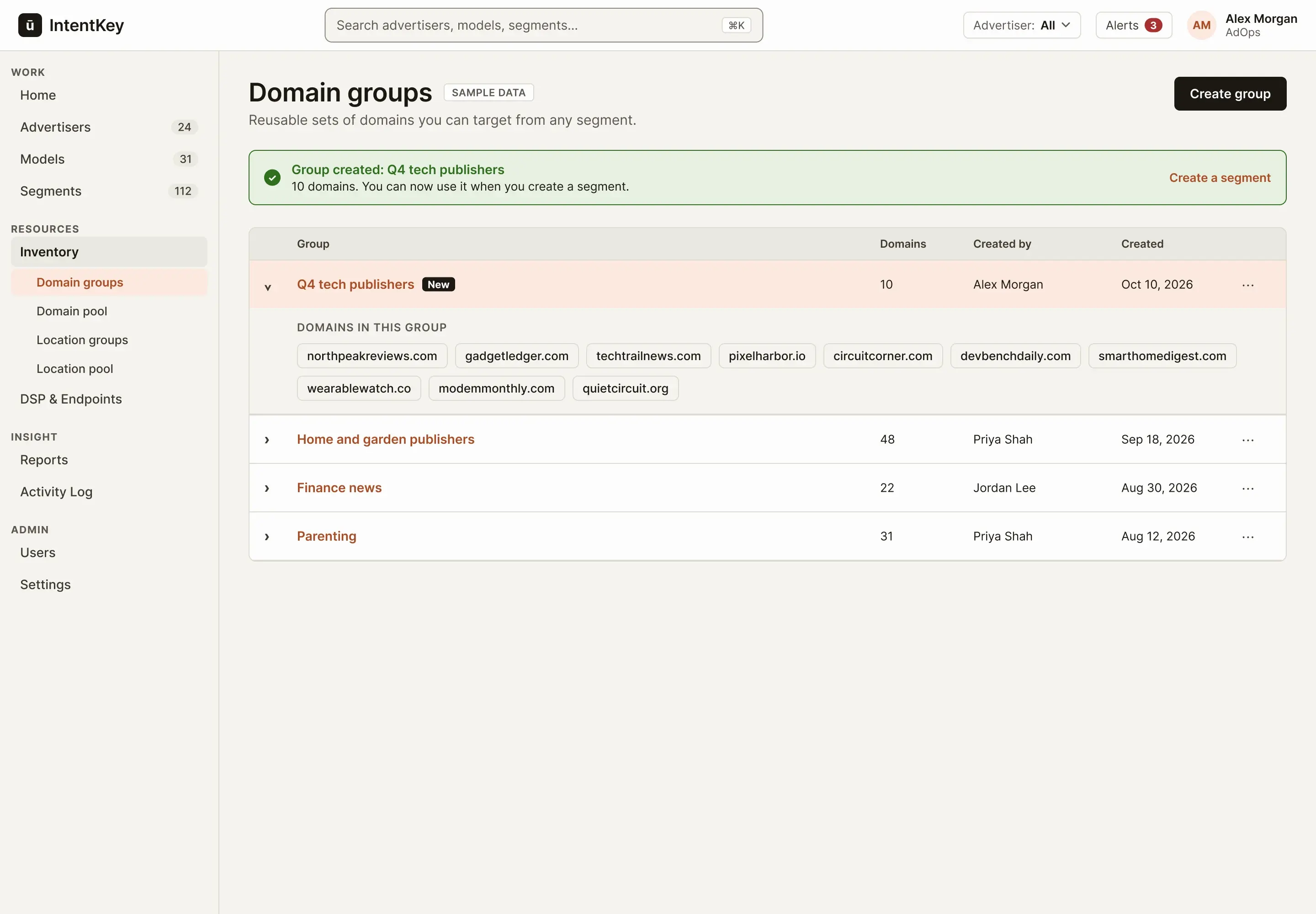 Concept Domain groups list with the new group, Q4 tech publishers, expanded to show its ten domains, and a success message.
