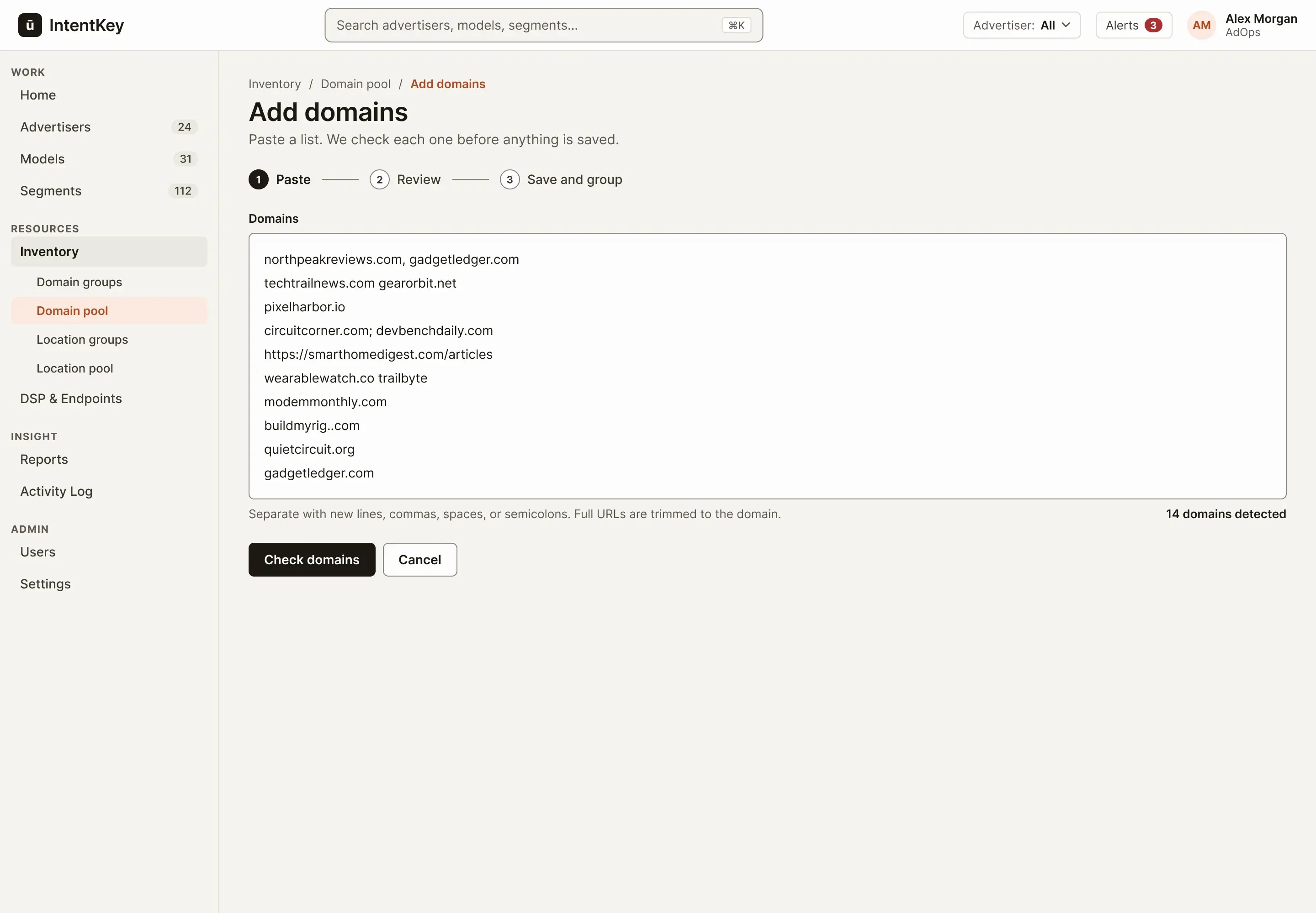 Concept Add domains page, step 1 of 3: a large text area with a messy pasted list of domains and a count of 14 detected.