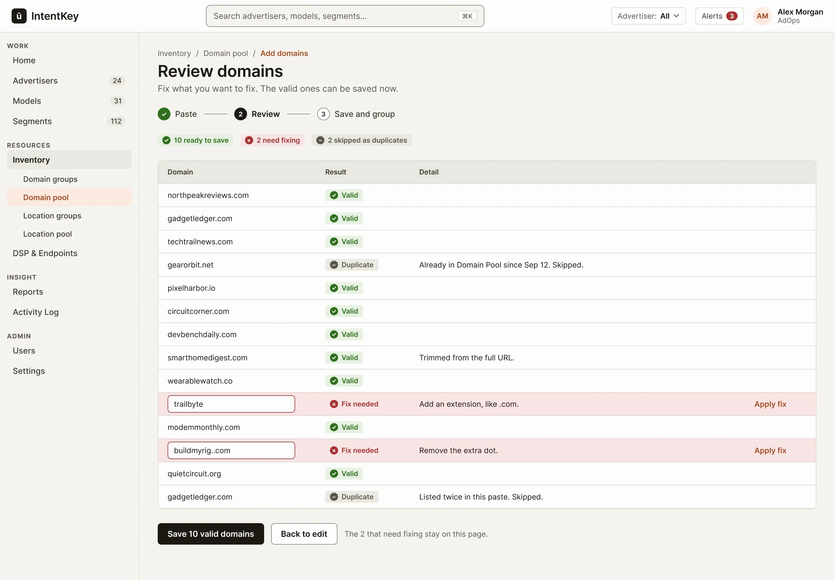Concept review step: a summary of 10 ready, 2 need fixing, 2 duplicates, and a table of the 14 domains with a result for each and inline fixes.