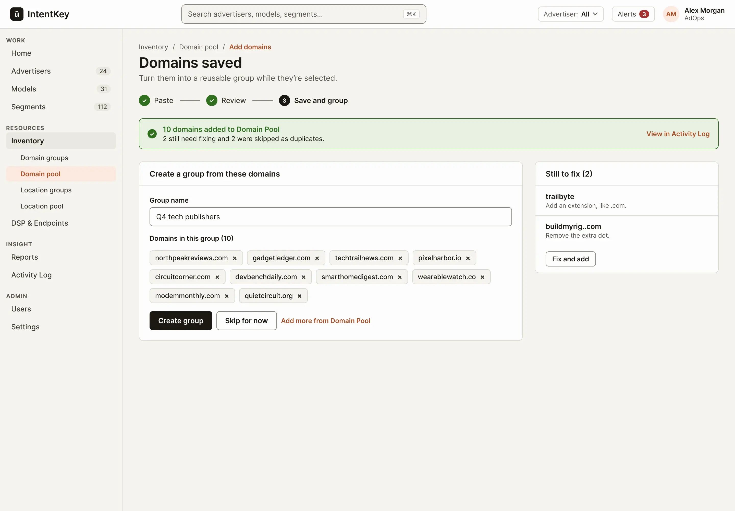 Concept saved step: a success message, a form to create a group from the ten saved domains, and a card listing the two still to fix.