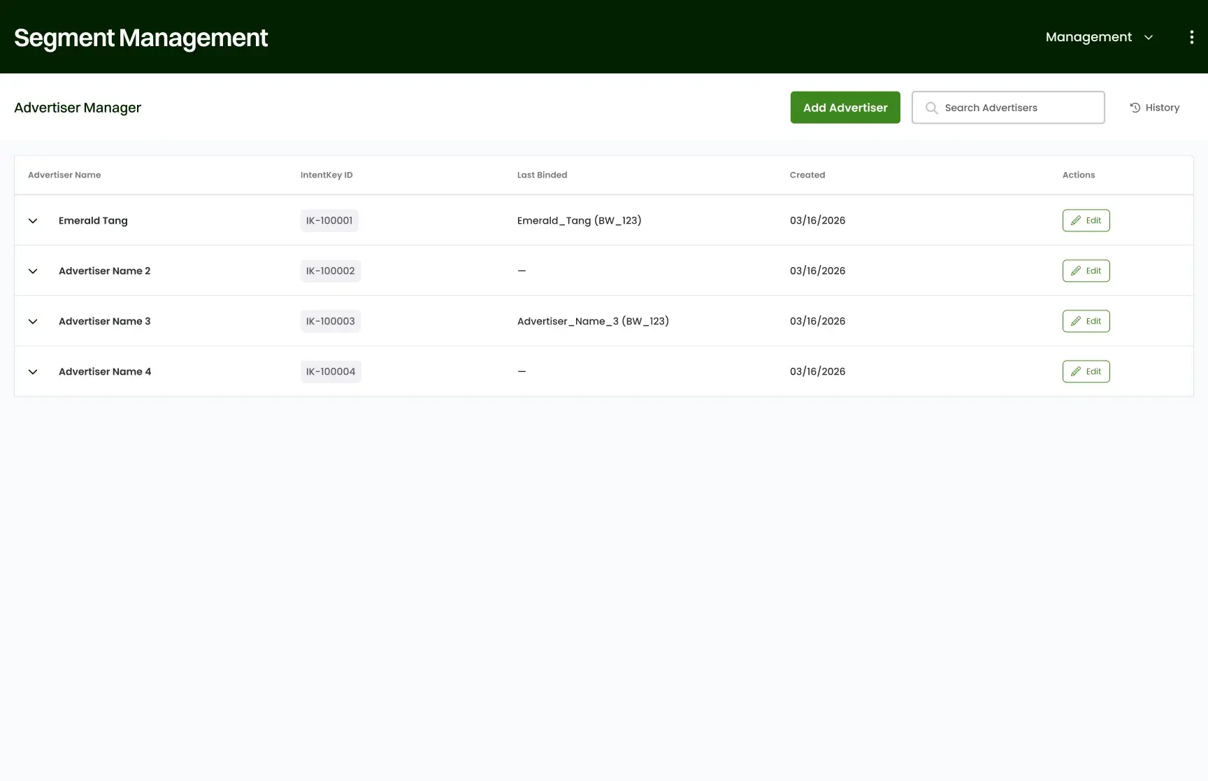 The legacy Advertiser Manager: a short table of advertisers with IntentKey IDs, last binding, and an Edit button, under the Segment Management header.
