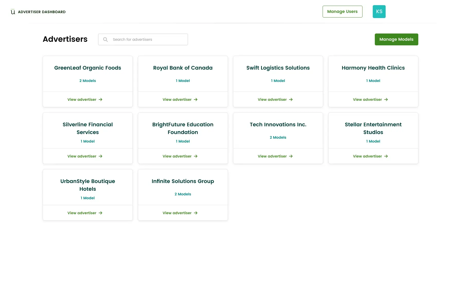 The legacy Advertiser Dashboard: a grid of advertiser cards under a header with Manage Users and Manage Models buttons.