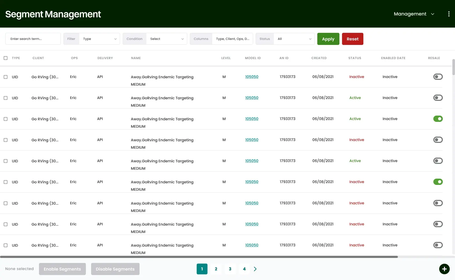 The legacy Segment Management table with a dark green header, filters, and columns including AN ID, Status, and Resale.