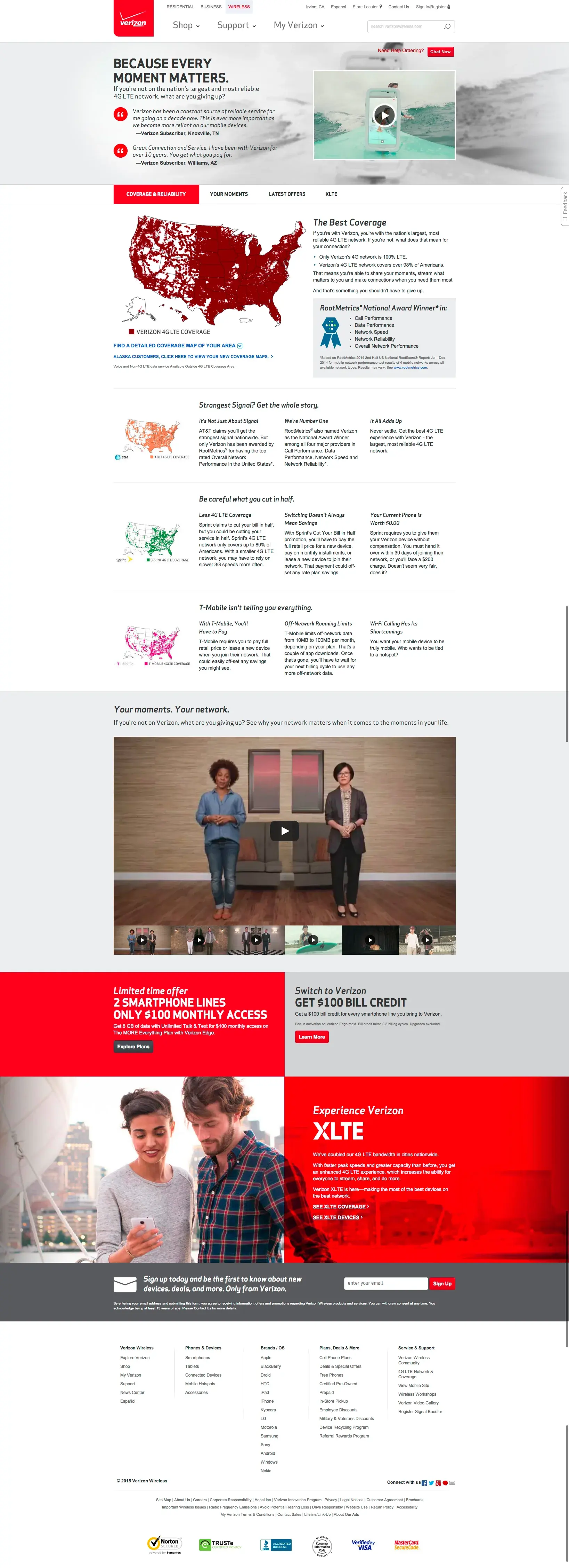 The 4G LTE page after the redesign: a video hero reading 'Because every moment matters', a coverage map, competitor comparisons, and an XLTE offer.
