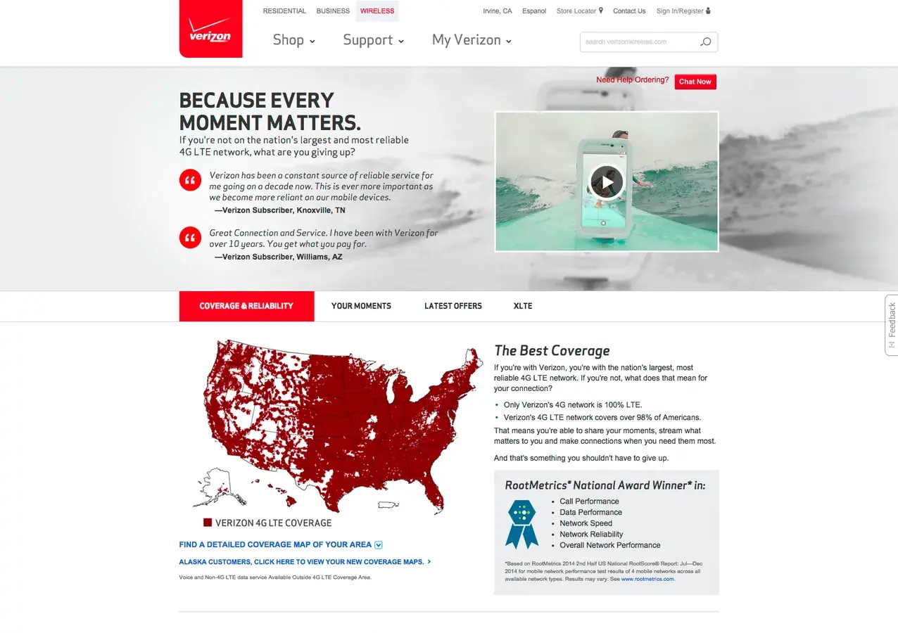 The top of the 4G LTE page after the redesign: a video hero reading 'Because every moment matters', with a coverage tab bar.