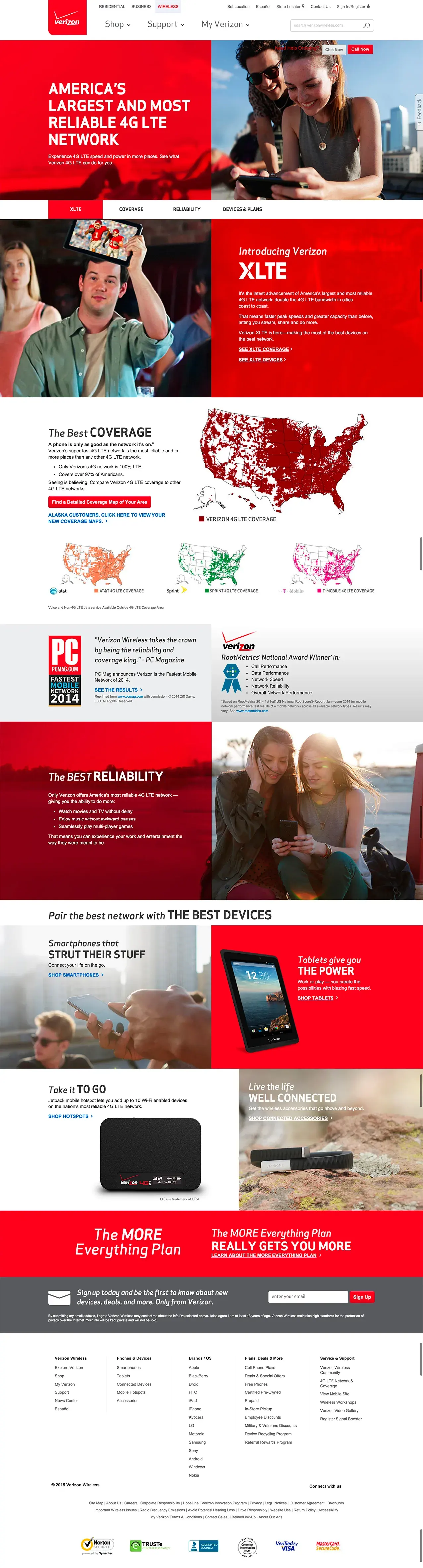 The 4G LTE page before the redesign: a red hero reading 'America's largest and most reliable 4G LTE network', a coverage map, and stacked offers.