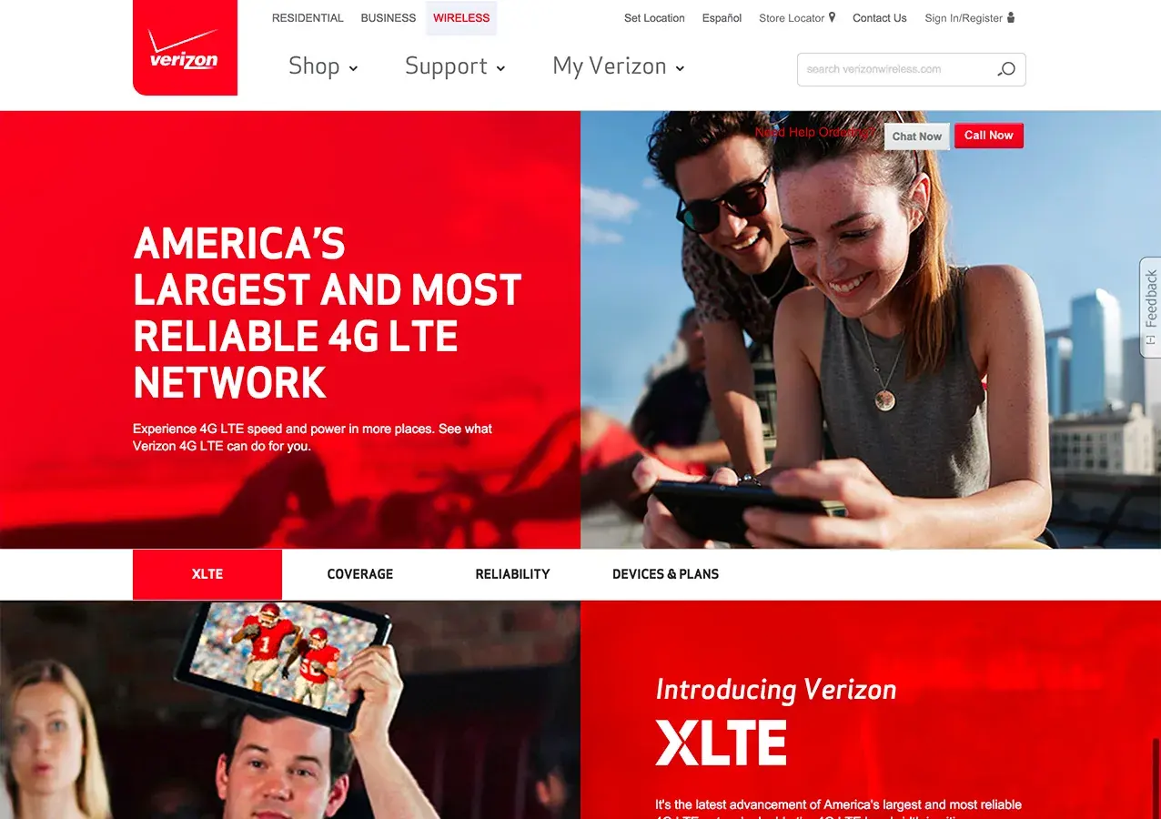 The top of the 4G LTE page before the redesign: a red hero reading 'America's largest and most reliable 4G LTE network'.