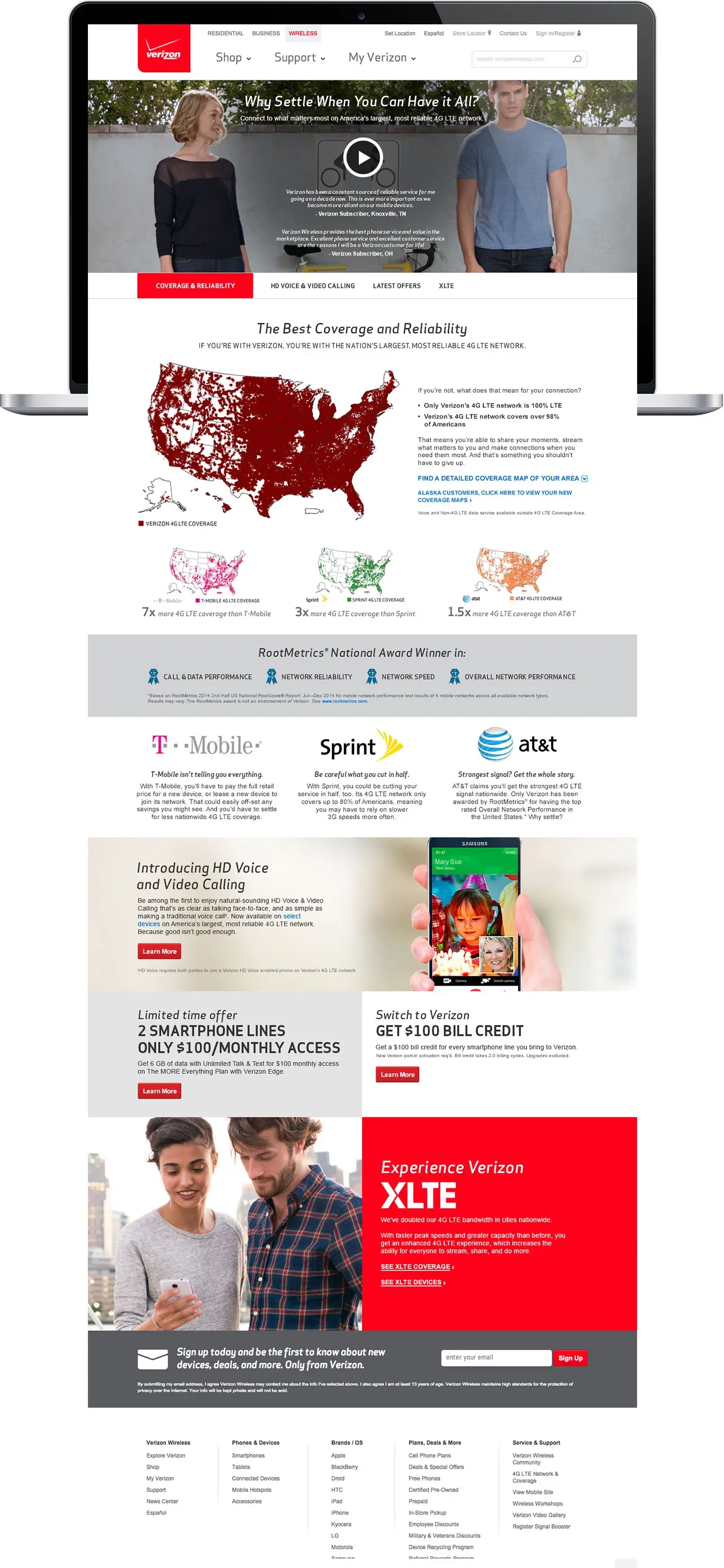 The 4G LTE landing page on a laptop: a hero video, a red coverage map of the United States, competitor comparisons, and an XLTE offer.