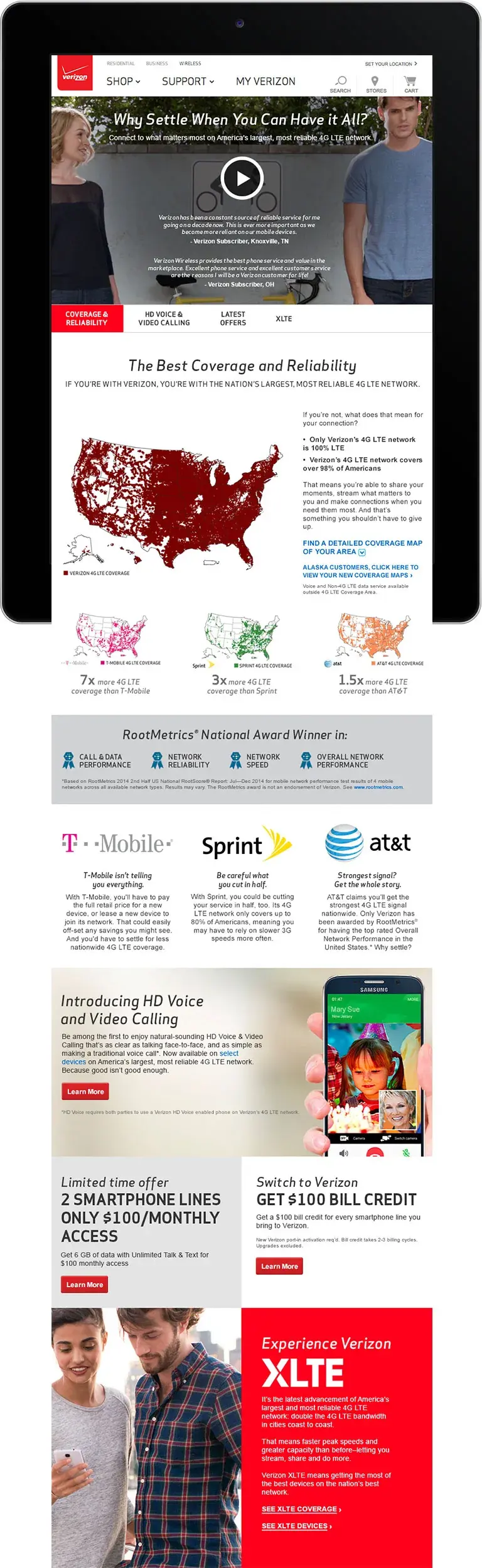 The 4G LTE landing page on a tablet, with the same hero video, coverage map, and XLTE offer in a narrower layout.