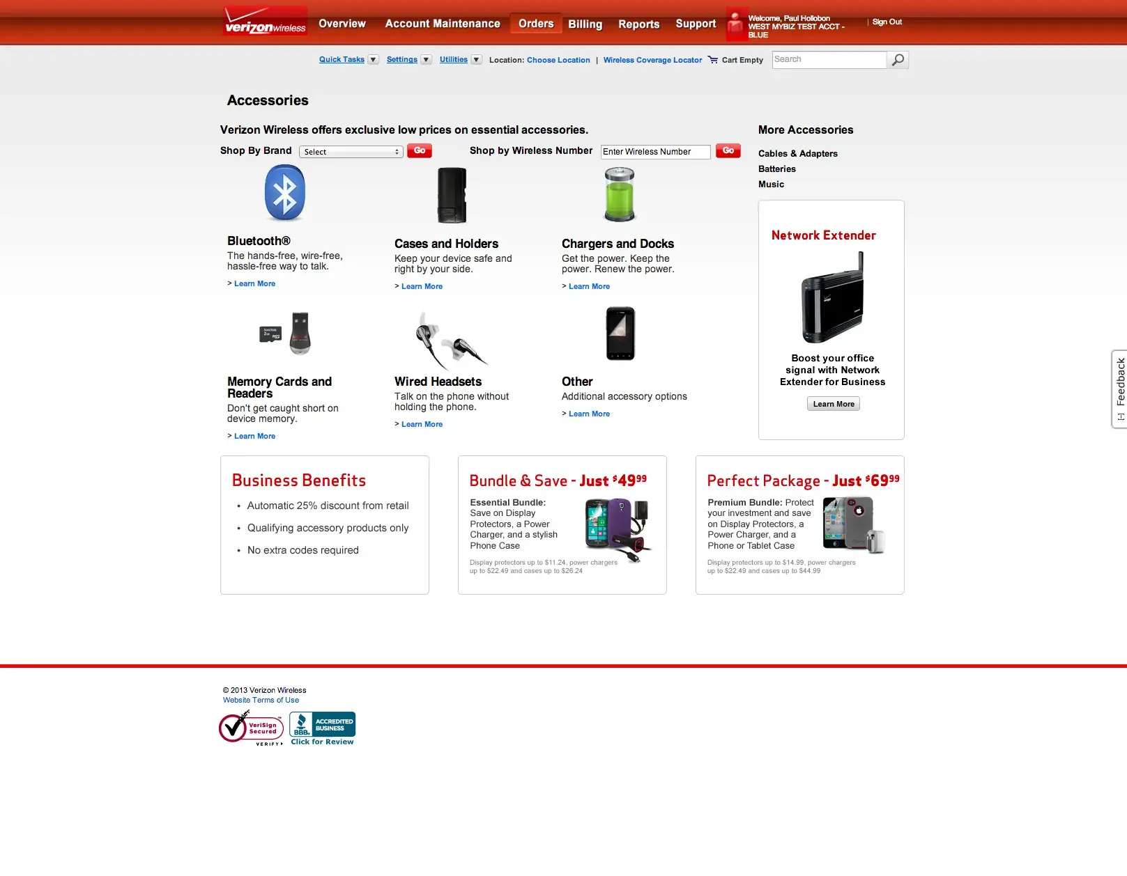 The accessories main page: search by brand or wireless number, accessory categories such as Bluetooth, cases, and chargers, and a Business Benefits and bundles row.