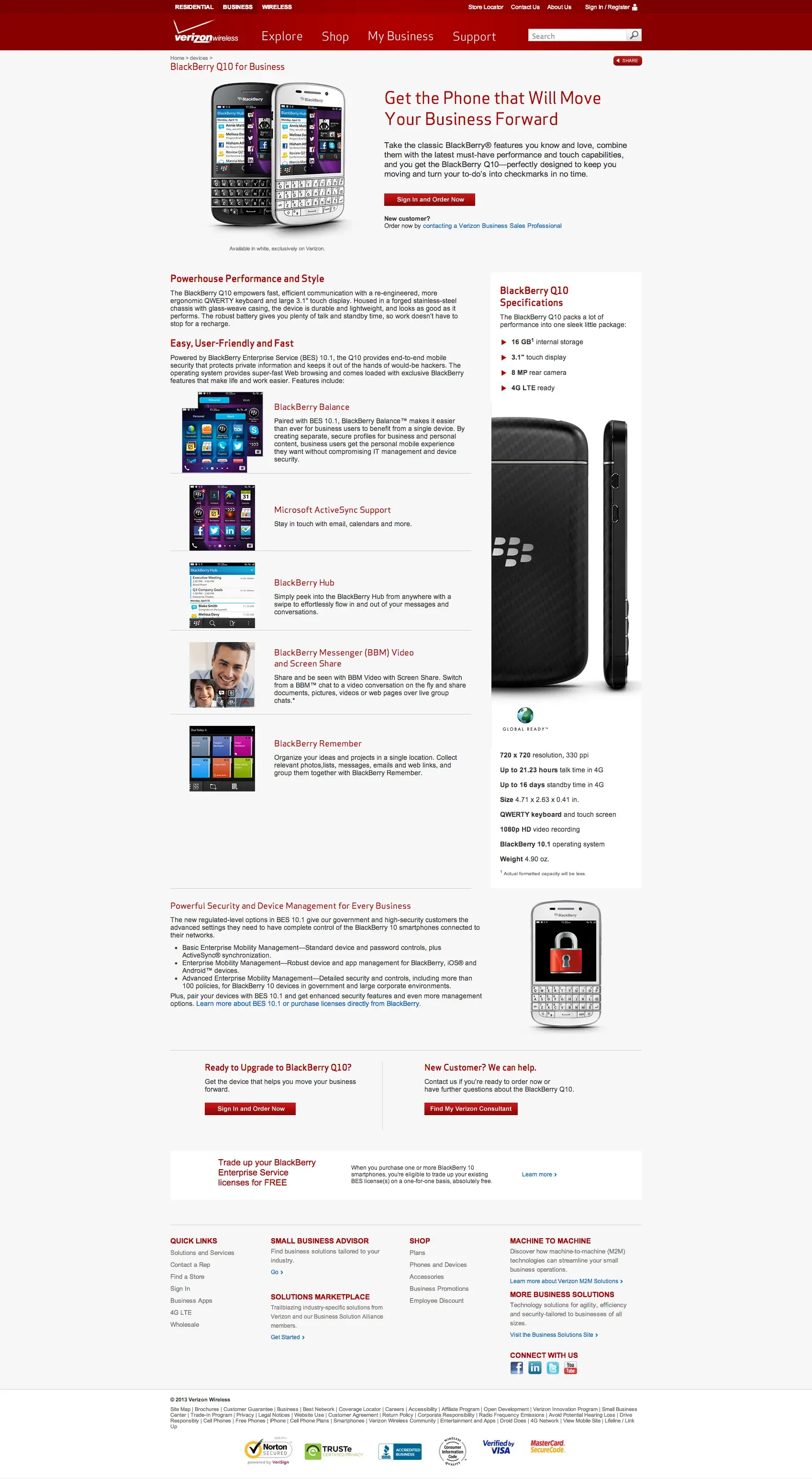 BlackBerry Q10 for Business: 'Get the phone that will move your business forward', with feature sections and a security panel.