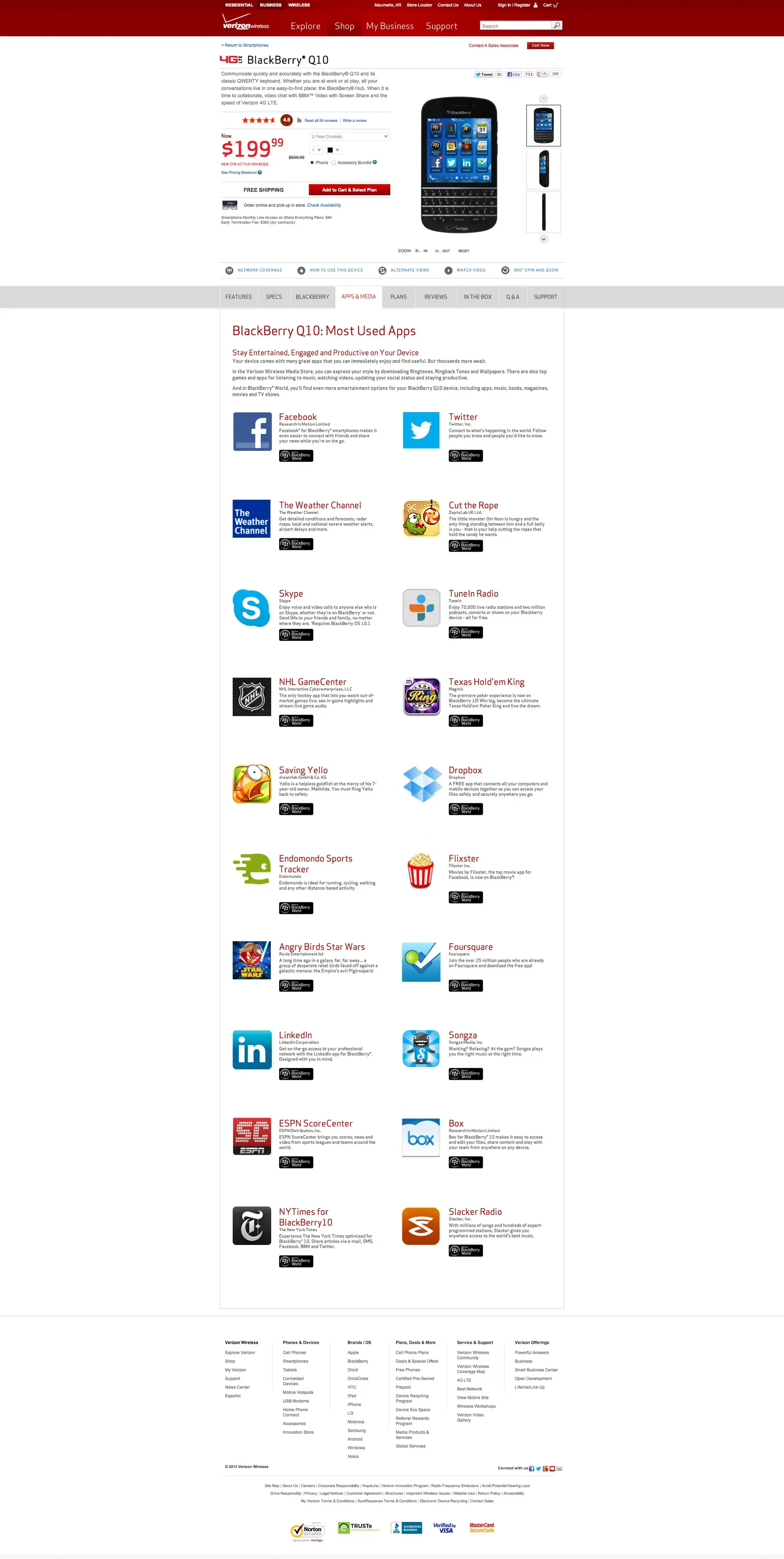 The BlackBerry Q10 product page: the phone at $199.99, a spec strip, and a grid of most-used apps.