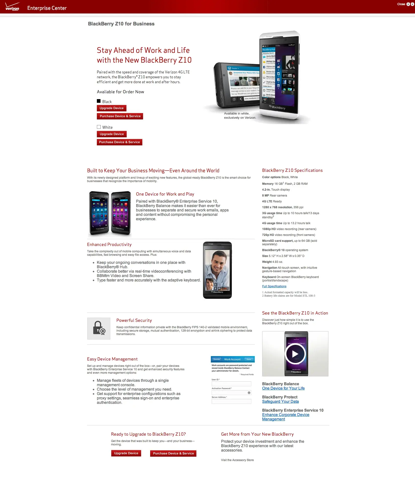BlackBerry Z10 for Business in the Enterprise Center: 'Stay ahead of work and life with the new BlackBerry Z10', with specifications.