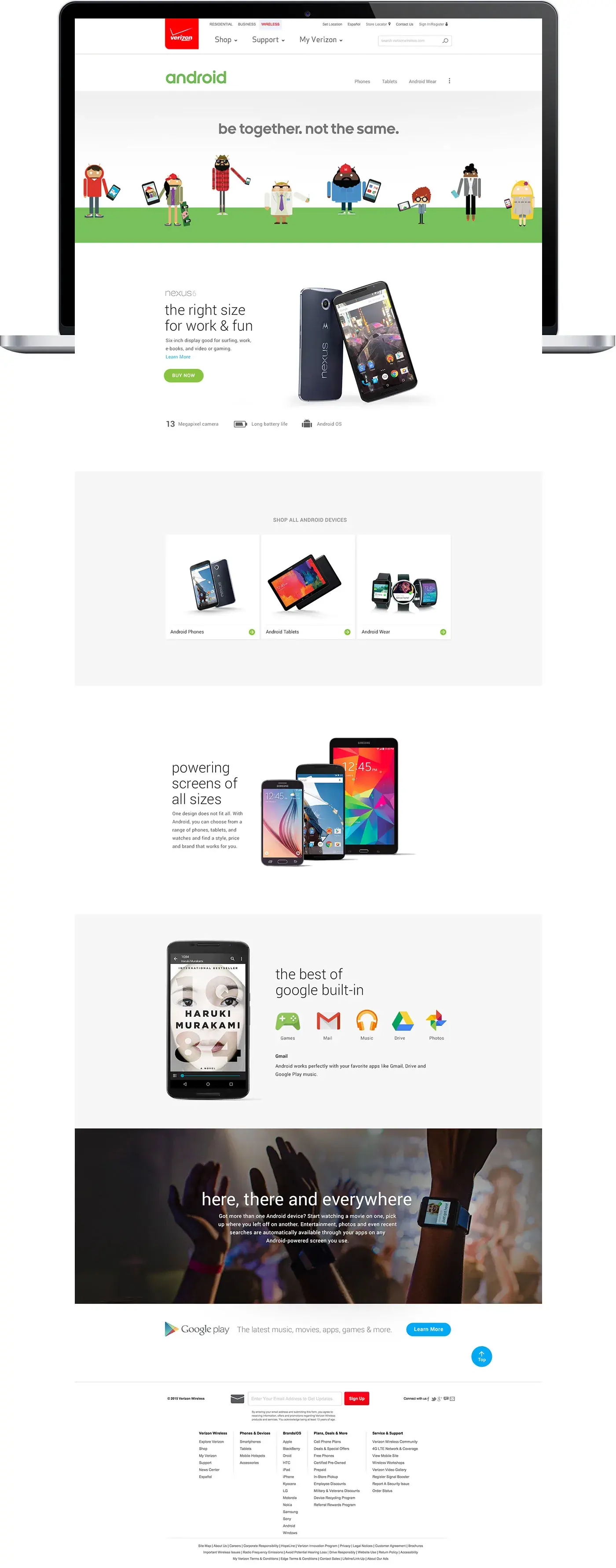 The Google Android Ecosystem for Verizon landing page on a laptop: 'be together, not the same', an Android character row, device grids, and Google apps.