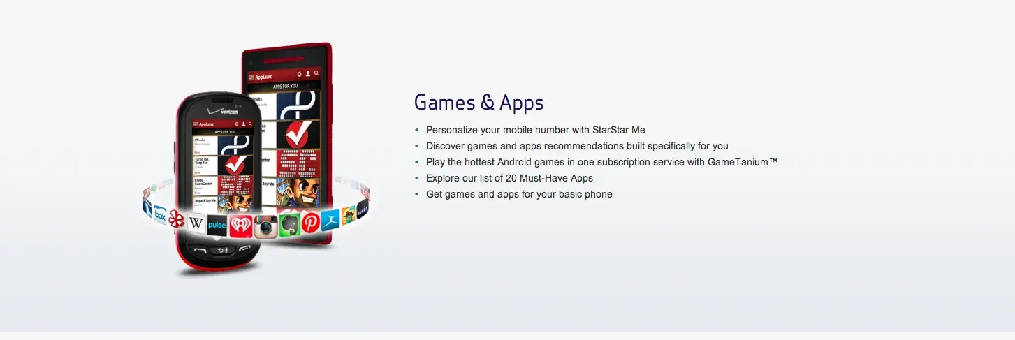 The Games and Apps page: a banner with phones surrounded by app icons and a short list of what customers can do.