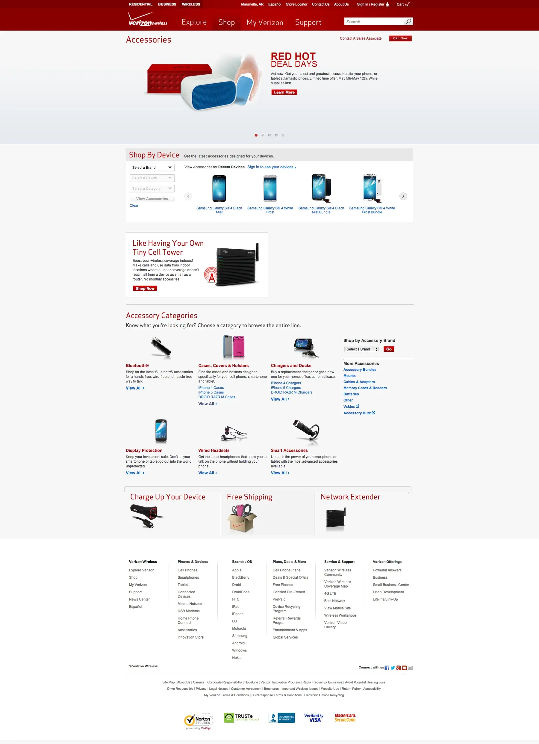 The accessories page with a 'Red Hot Deal Days' banner, a Shop by device carousel, and a grid of accessory categories.