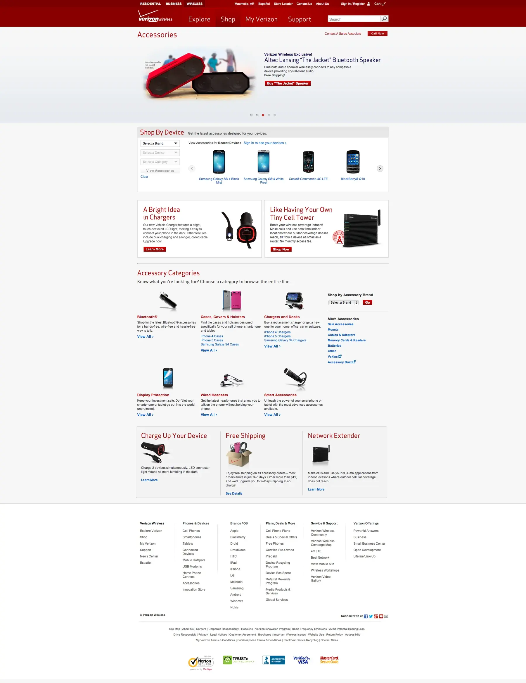 The accessories page with an exclusive Altec Lansing speaker banner, a Shop by device carousel, and accessory categories.