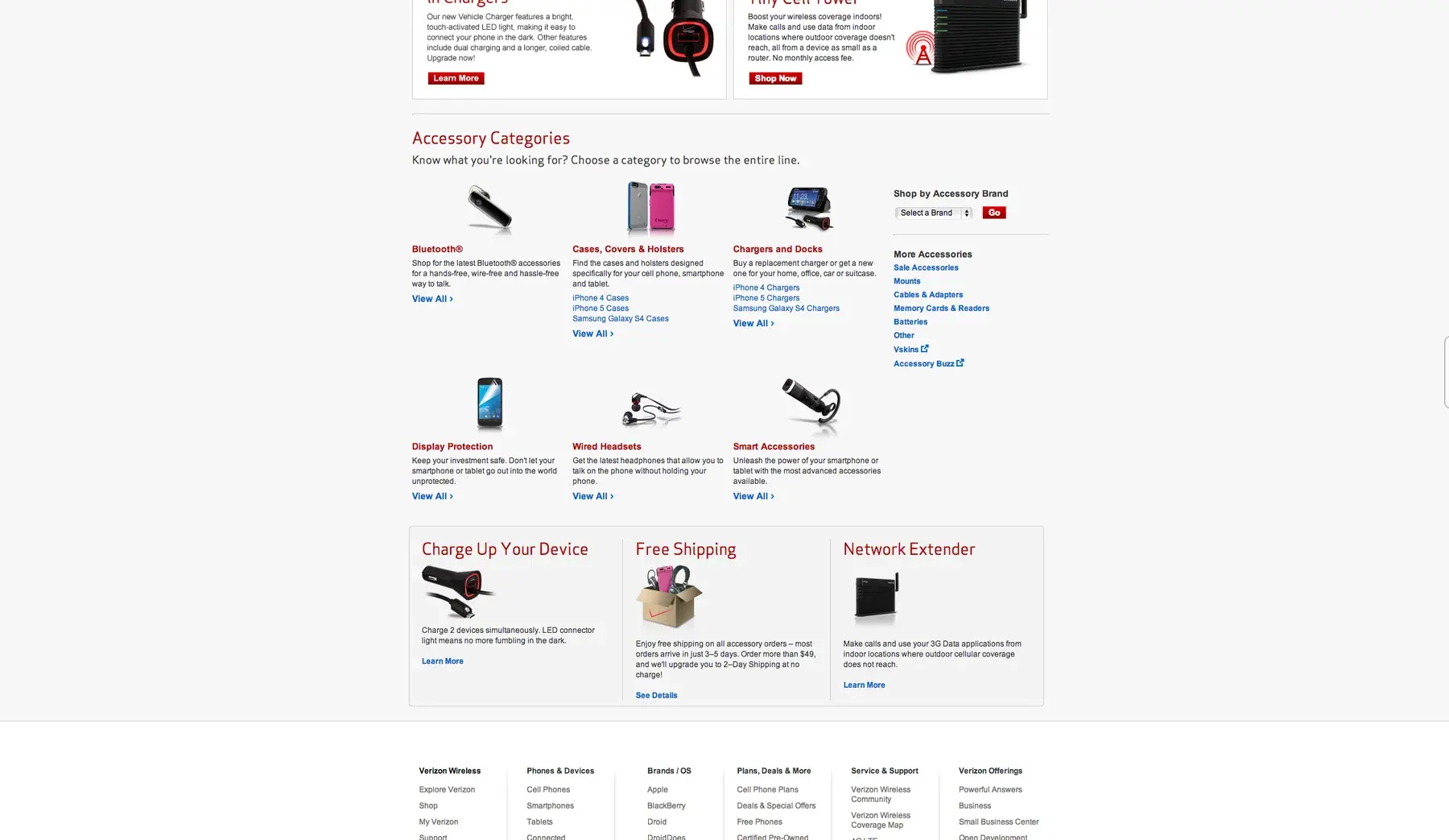 The lower half of the accessories page: charger promos, accessory categories, and free-shipping and network extender tiles.