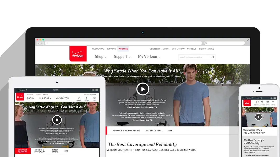Verizon Wireless: the 4G LTE landing page on a laptop, a tablet, and a phone.