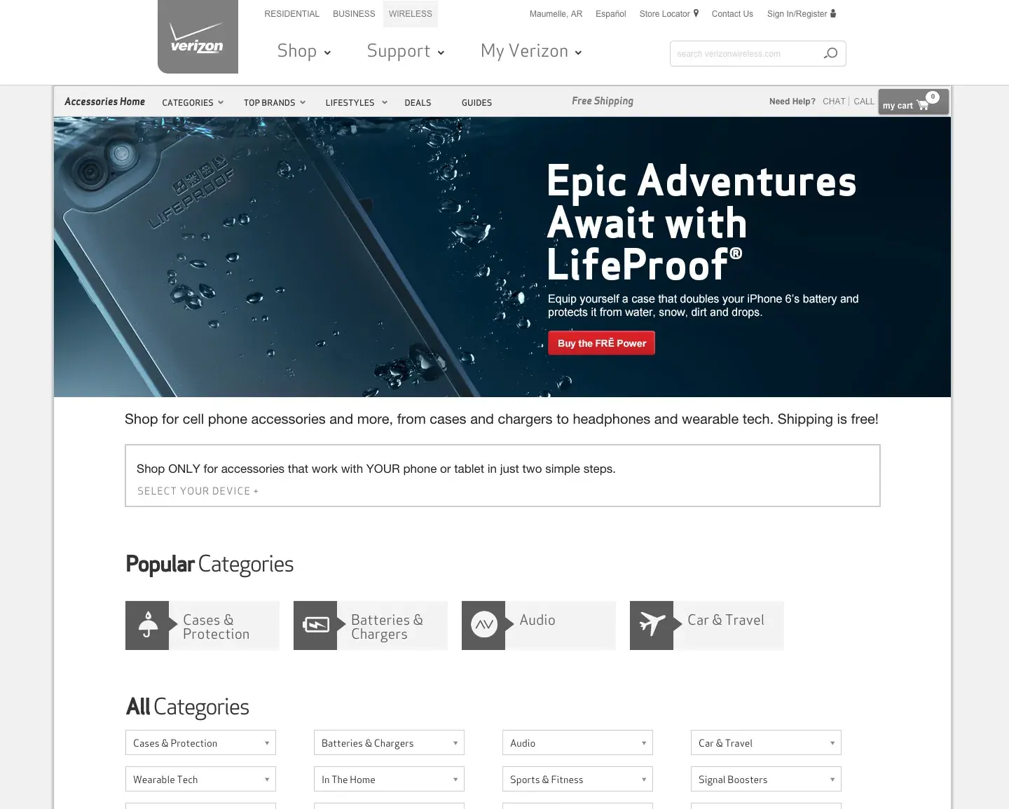 The Verizon accessories page with a LifeProof FRE banner, 'Epic Adventures Await with LifeProof', over a Popular Categories row.