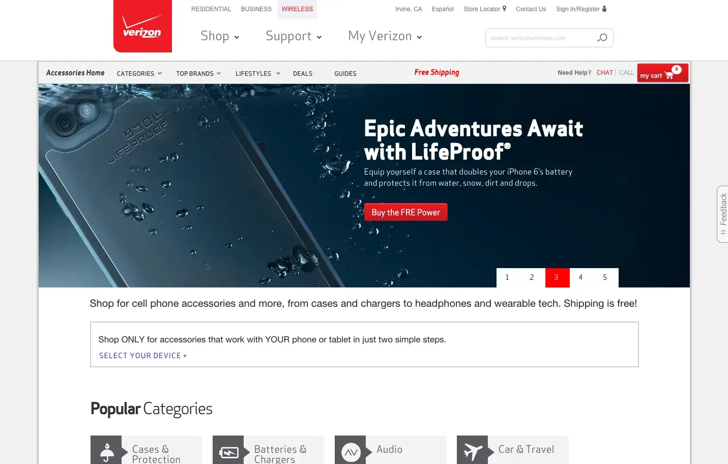 The accessories landing page with the LifeProof FRE banner, a Shop by device box, and category tiles.