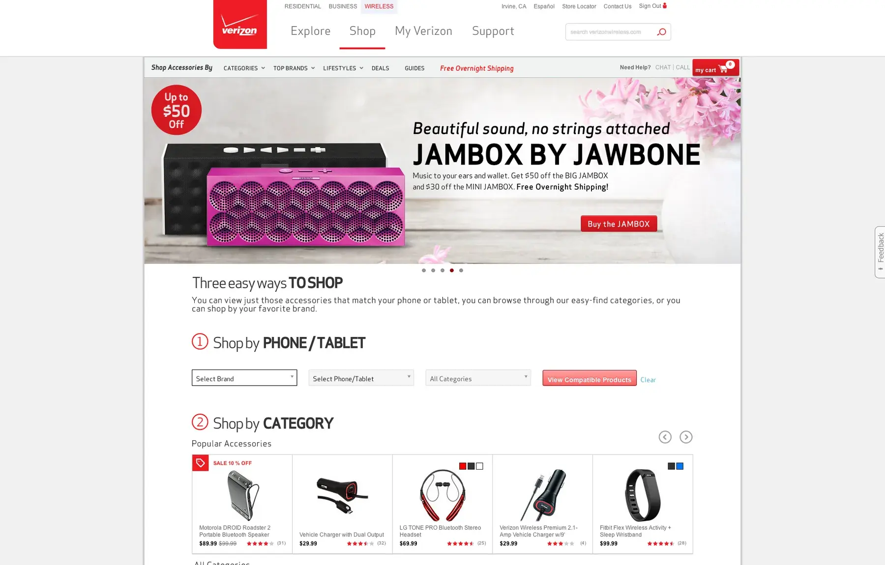 The accessories page with a Mother's Day promotion, 'Beautiful sound, no strings attached', for a pink Jawbone JAMBOX, up to $50 off.