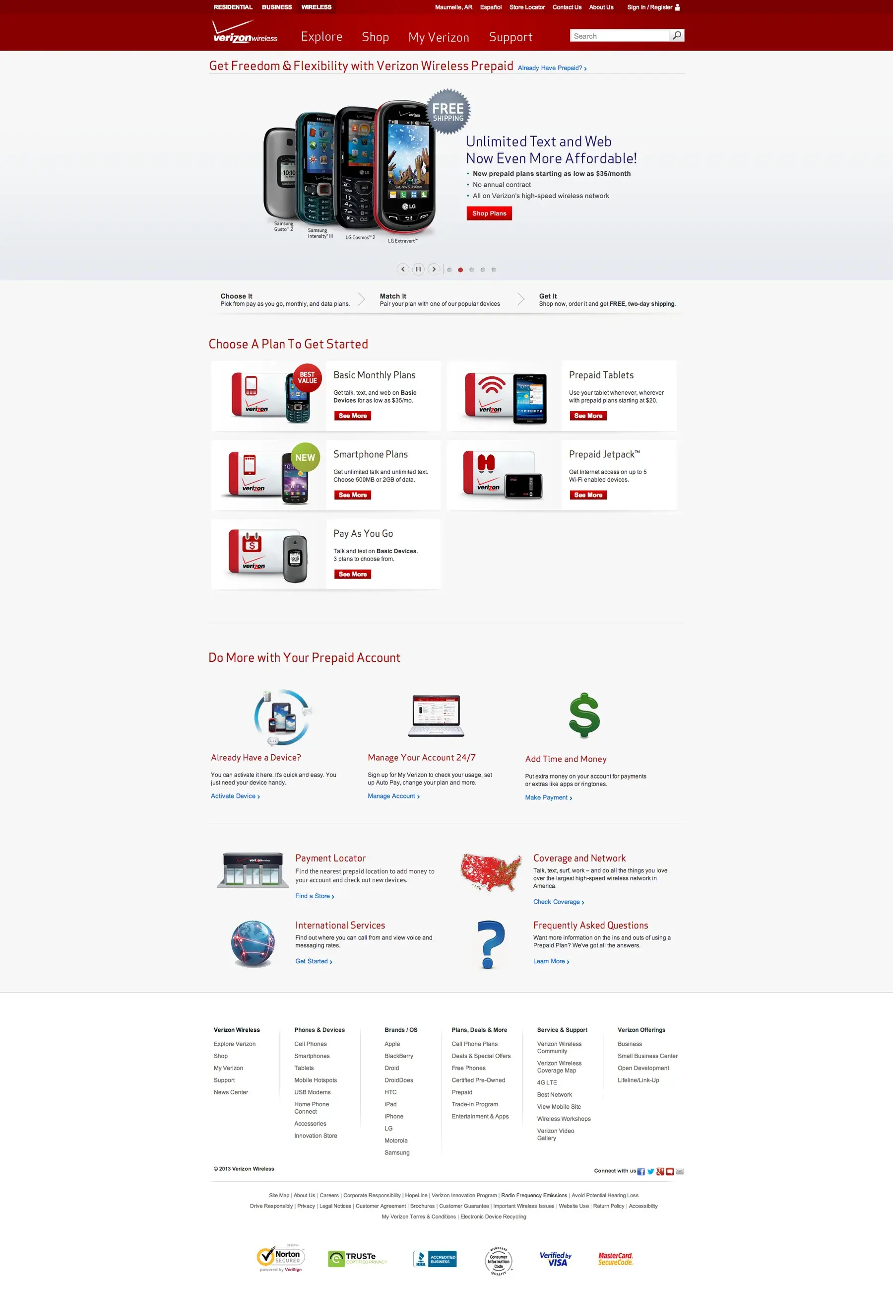 The Verizon Wireless Prepaid page: 'Unlimited text and web now even more affordable', plan options, and Do more with your prepaid account.