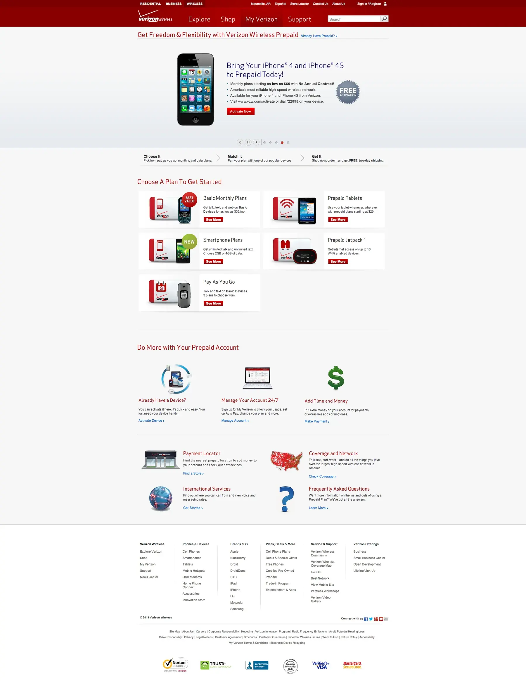 The Verizon Wireless Prepaid page with an iPhone 4 and 4S promotion, 'Bring your iPhone to prepaid today'.
