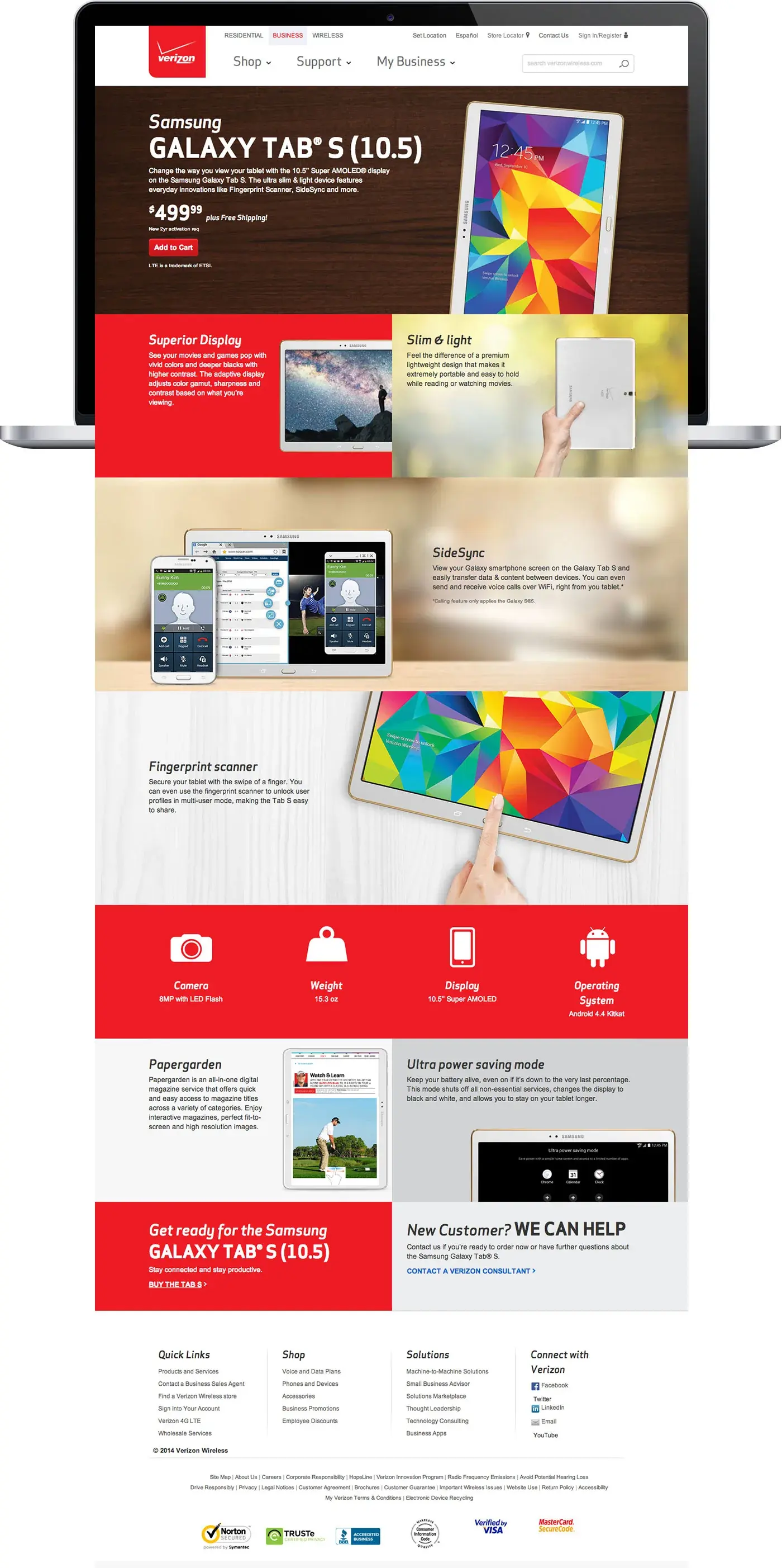 The Galaxy Tab S launch page on a laptop, from the dark hero down through SideSync, the fingerprint scanner, and the feature panels.