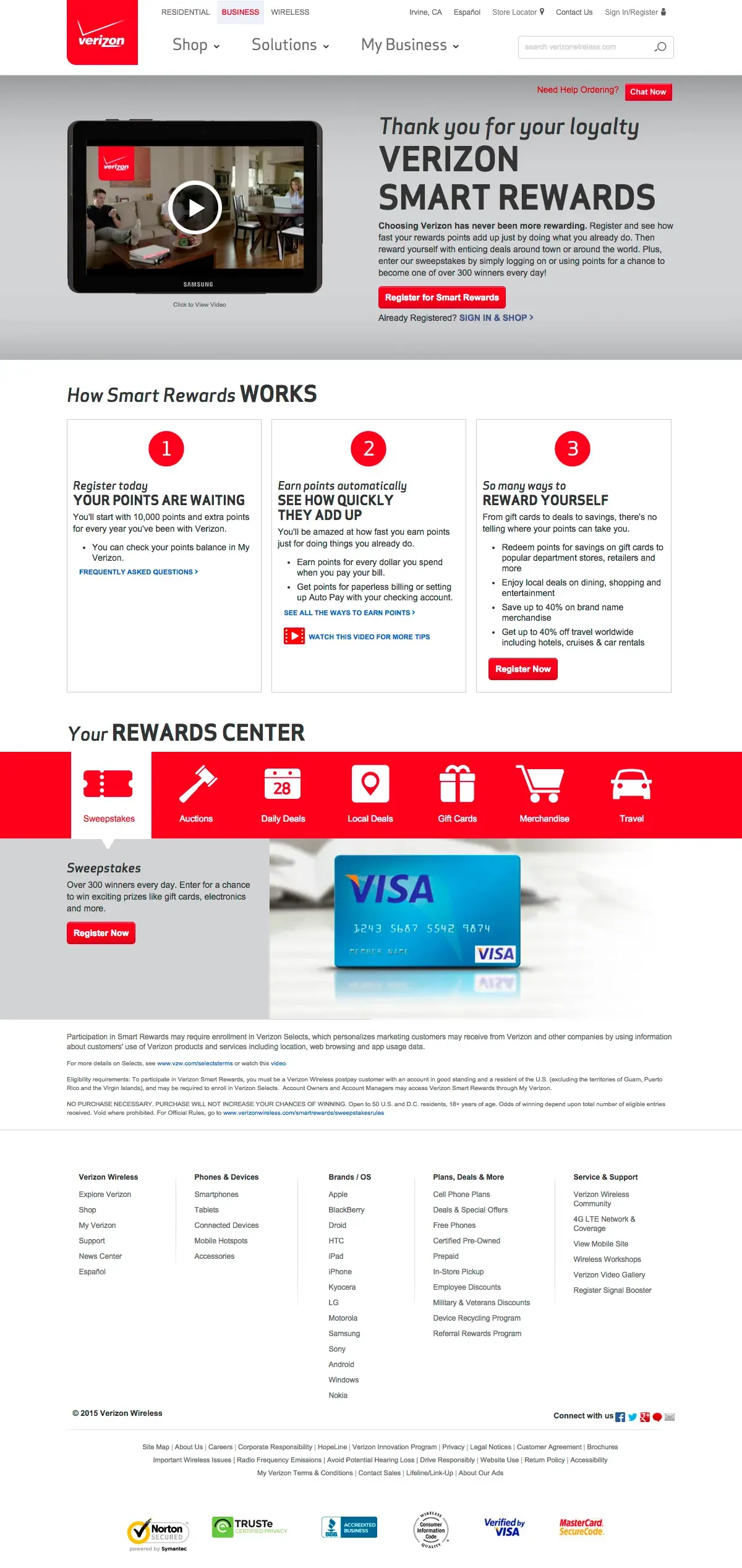 The Verizon Smart Rewards page: 'Thank you for your loyalty', how Smart Rewards works in three steps, and a red Rewards Center bar.