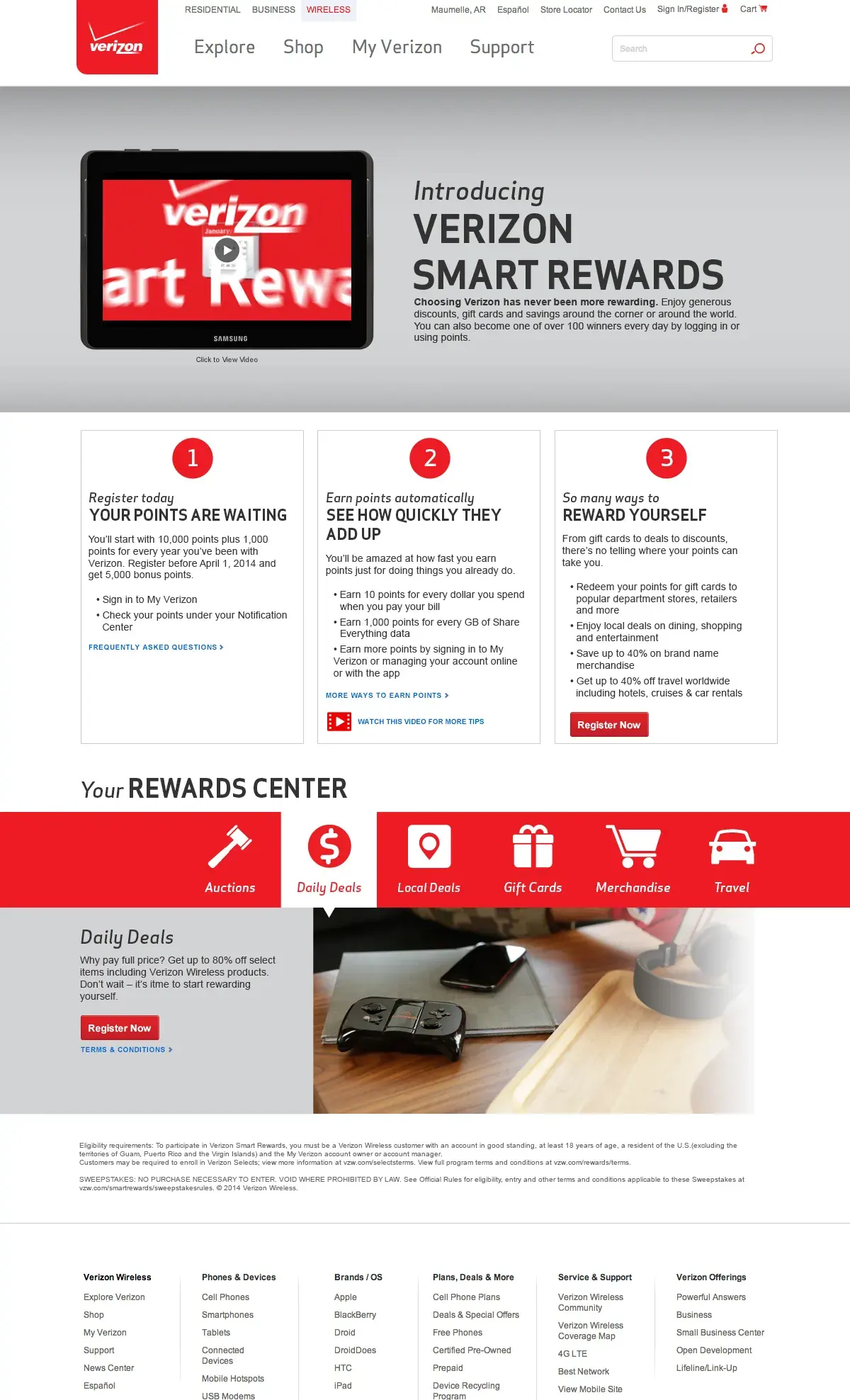 The Smart Rewards landing page: 'Introducing Verizon Smart Rewards', a three-step explainer, and a Rewards Center with Daily Deals.