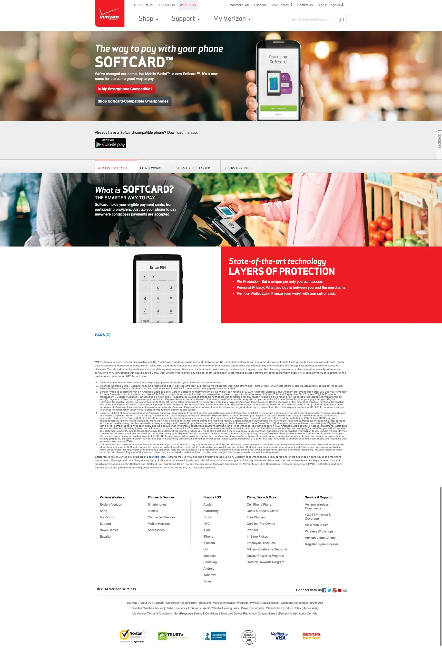 Softcard page one, What is Softcard: a hero, a section about paying with participating cards, and layers of protection.